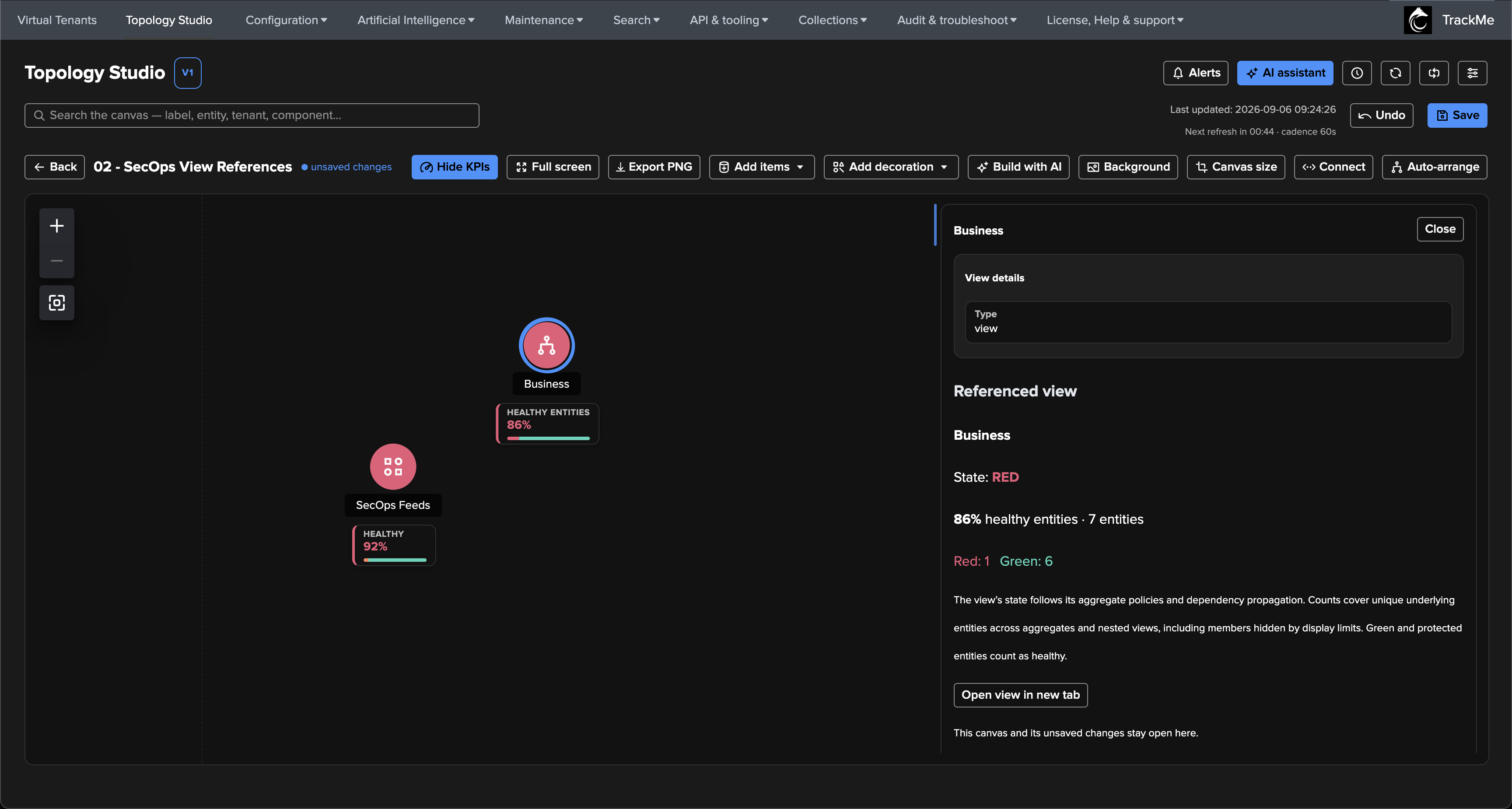 The Business view node on the canvas with its Healthy entities KPI and the inspector showing the referenced view state, counts and Open view in new tab