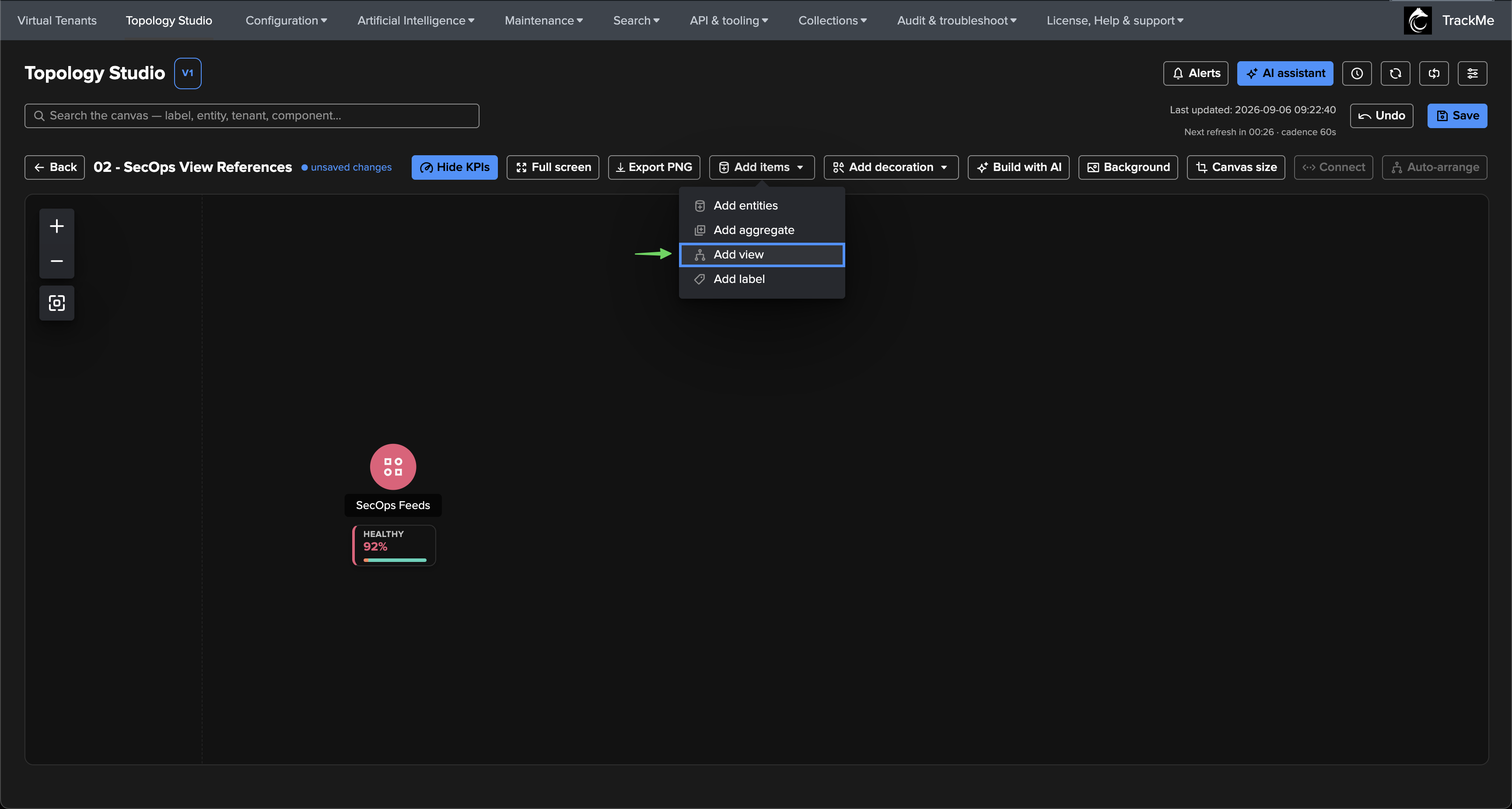 The Add items menu on the canvas toolbar with Add entities, Add aggregate, Add view and Add label