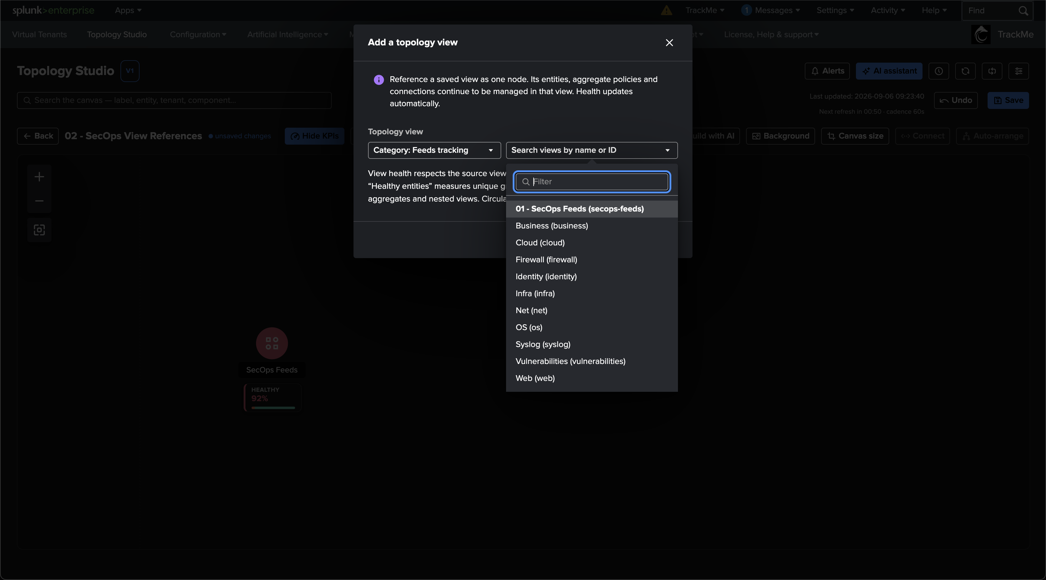 The Add a topology view dialog with the category filter and the searchable list of readable views