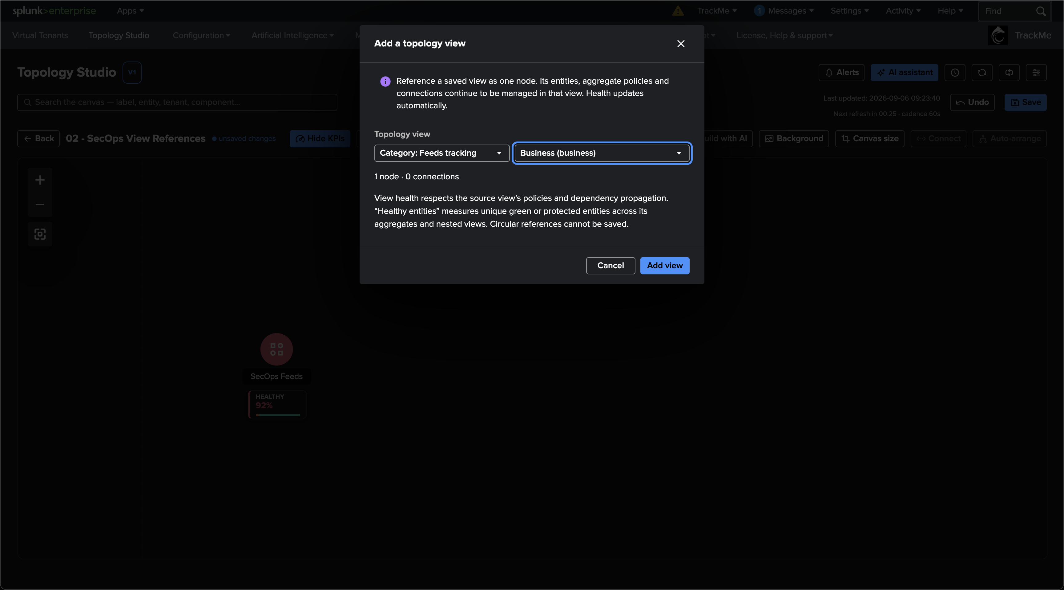 The Add a topology view dialog with the Business view selected, showing 1 node and 0 connections and the health semantics