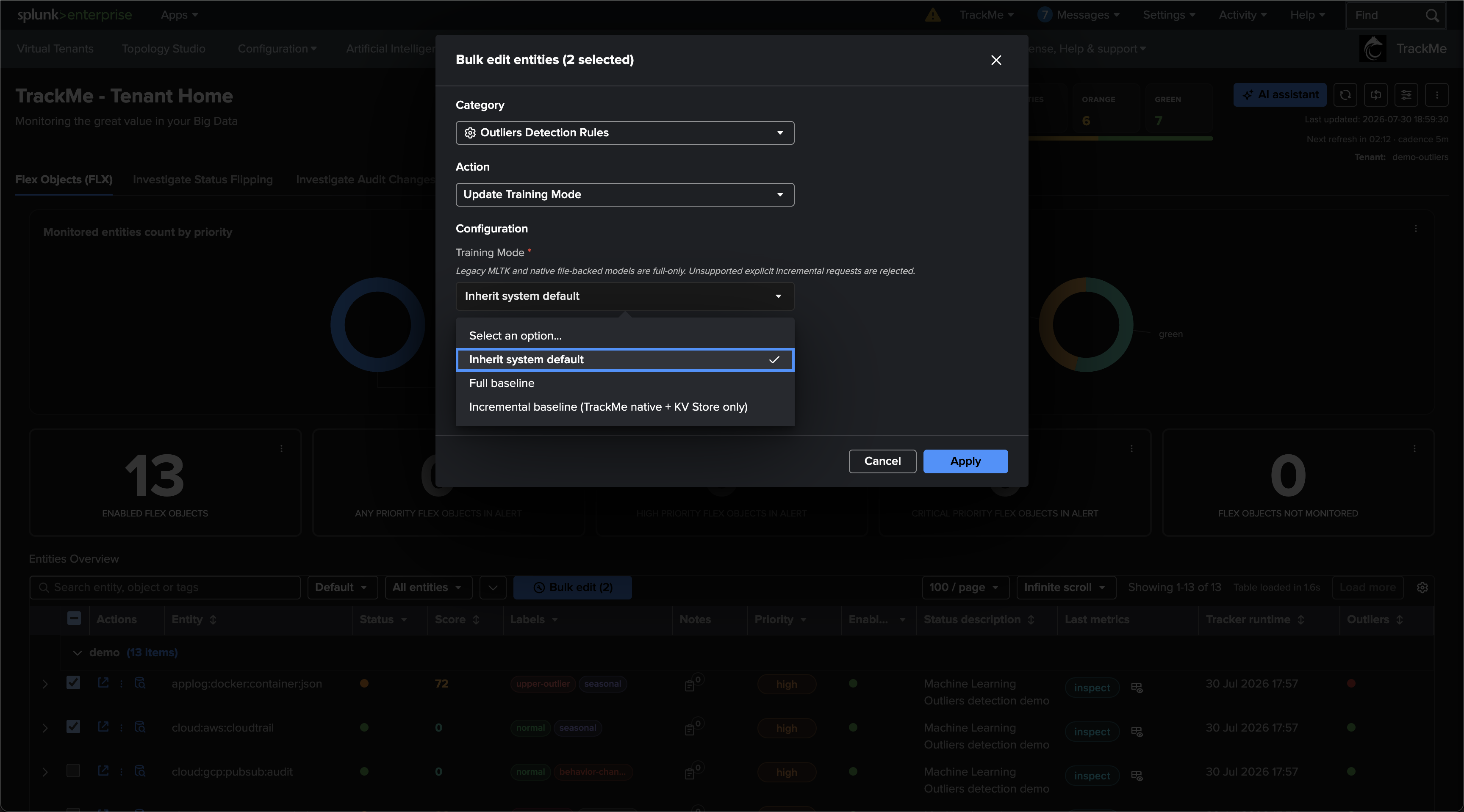 Bulk edit entities modal for Outliers Detection Rules, showing Update Training Mode with Inherit system default, Full baseline, and Incremental baseline choices