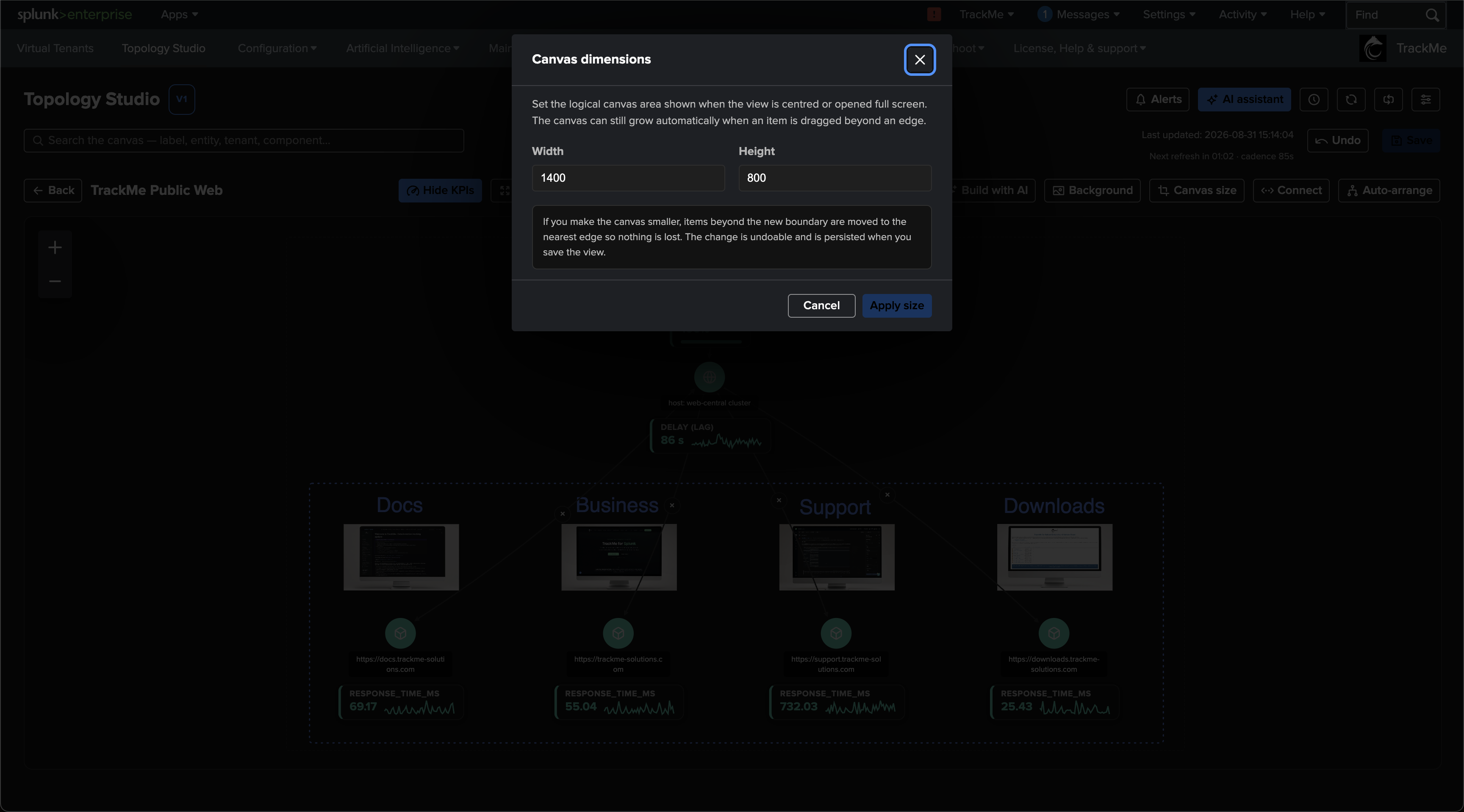 The Canvas dimensions dialog with width and height fields and the explanation of shrink behaviour