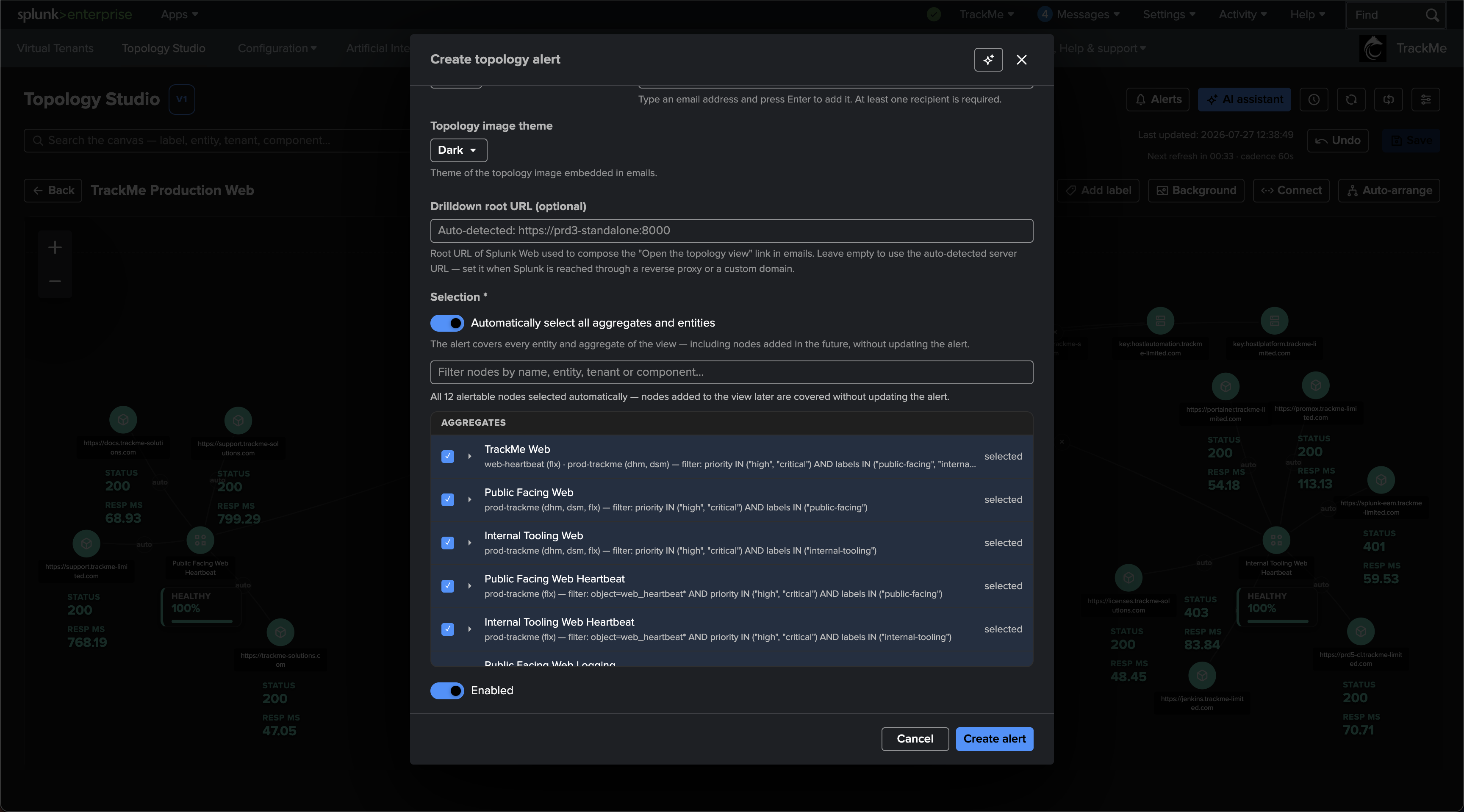 The alert selection with automatic coverage of all aggregates and entities including future nodes