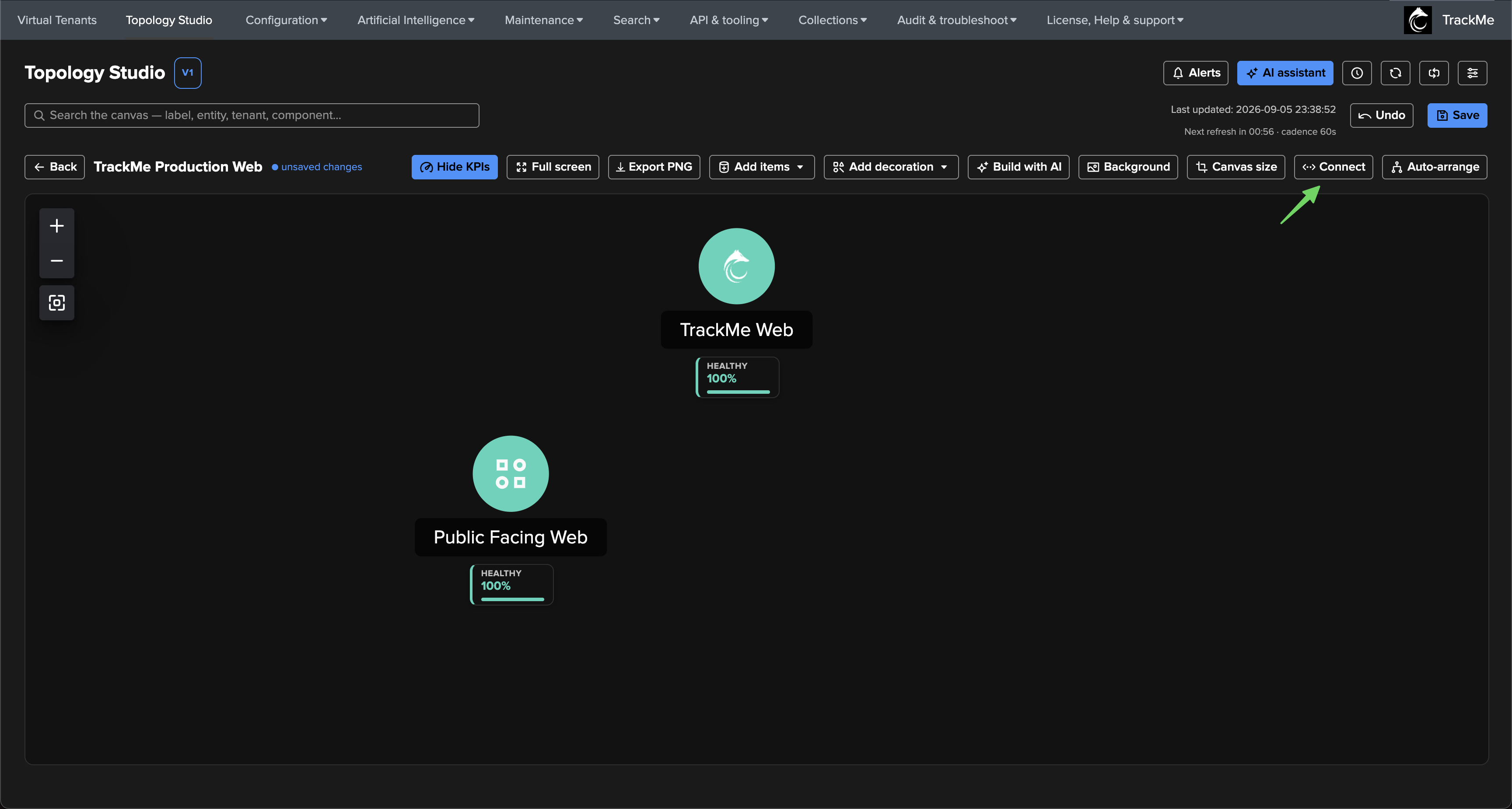 The canvas with the TrackMe Web and Public Facing Web nodes and the Connect toolbar button highlighted