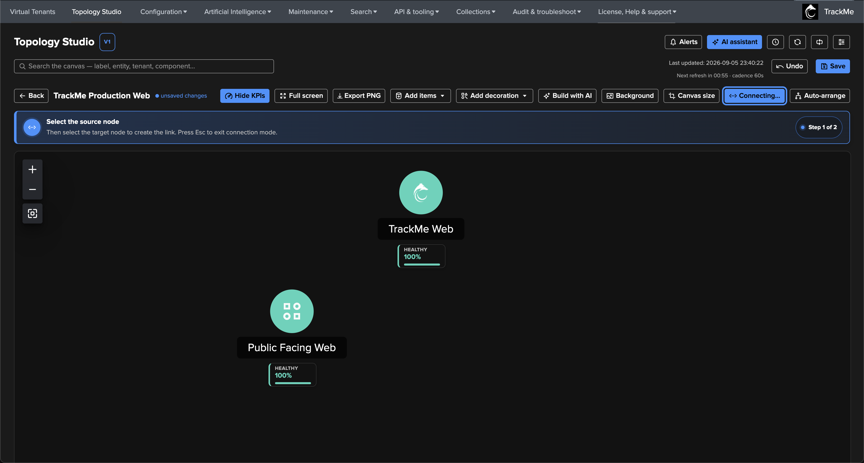 Connect mode active with the banner asking to click the source node then the target node