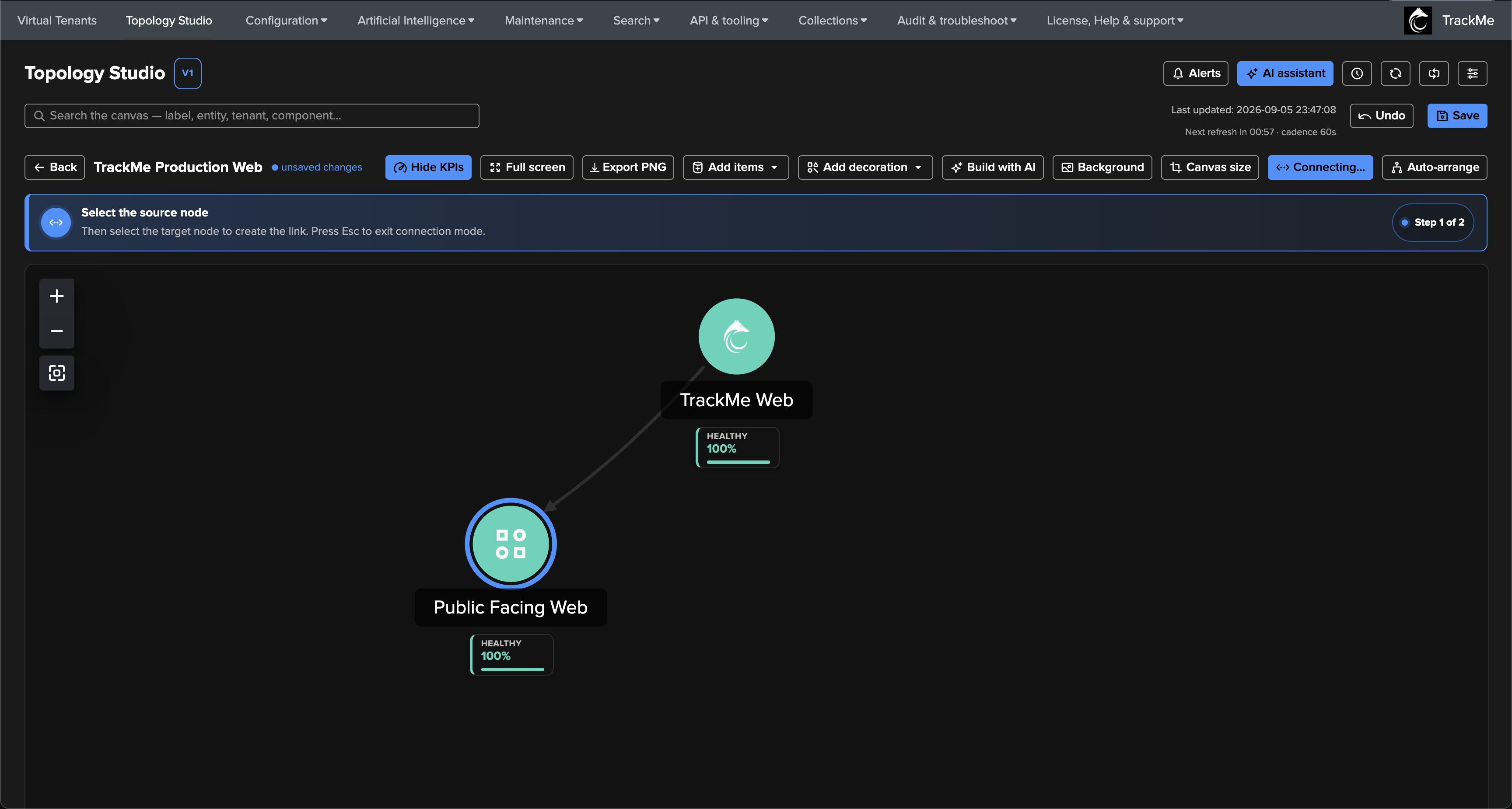 Connect mode active, with the edge drawn from TrackMe Web to the ringed Public Facing Web target node