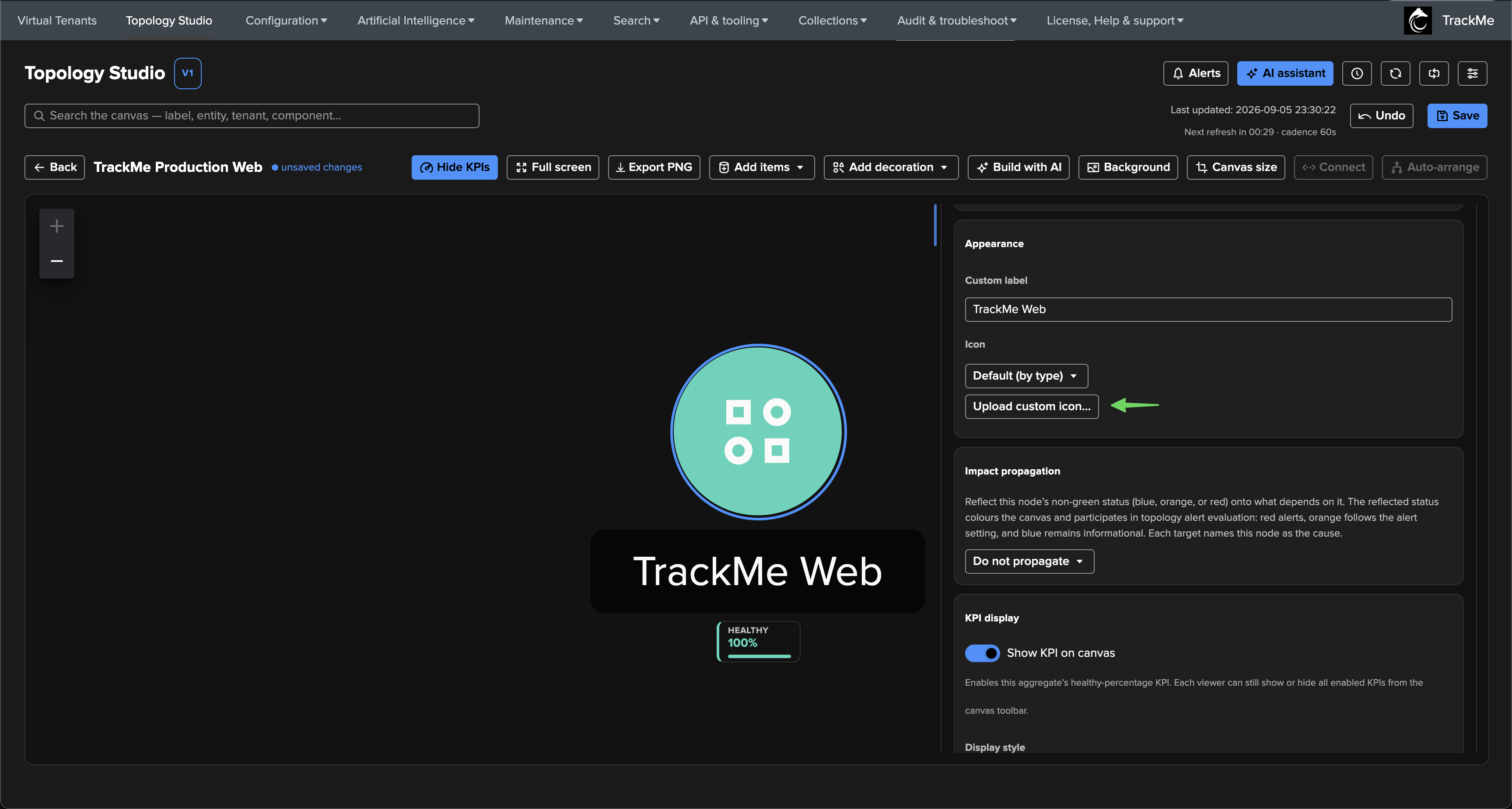 The inspector appearance section of the TrackMe Web node, with the icon on Default (by type) and the Upload custom icon button highlighted