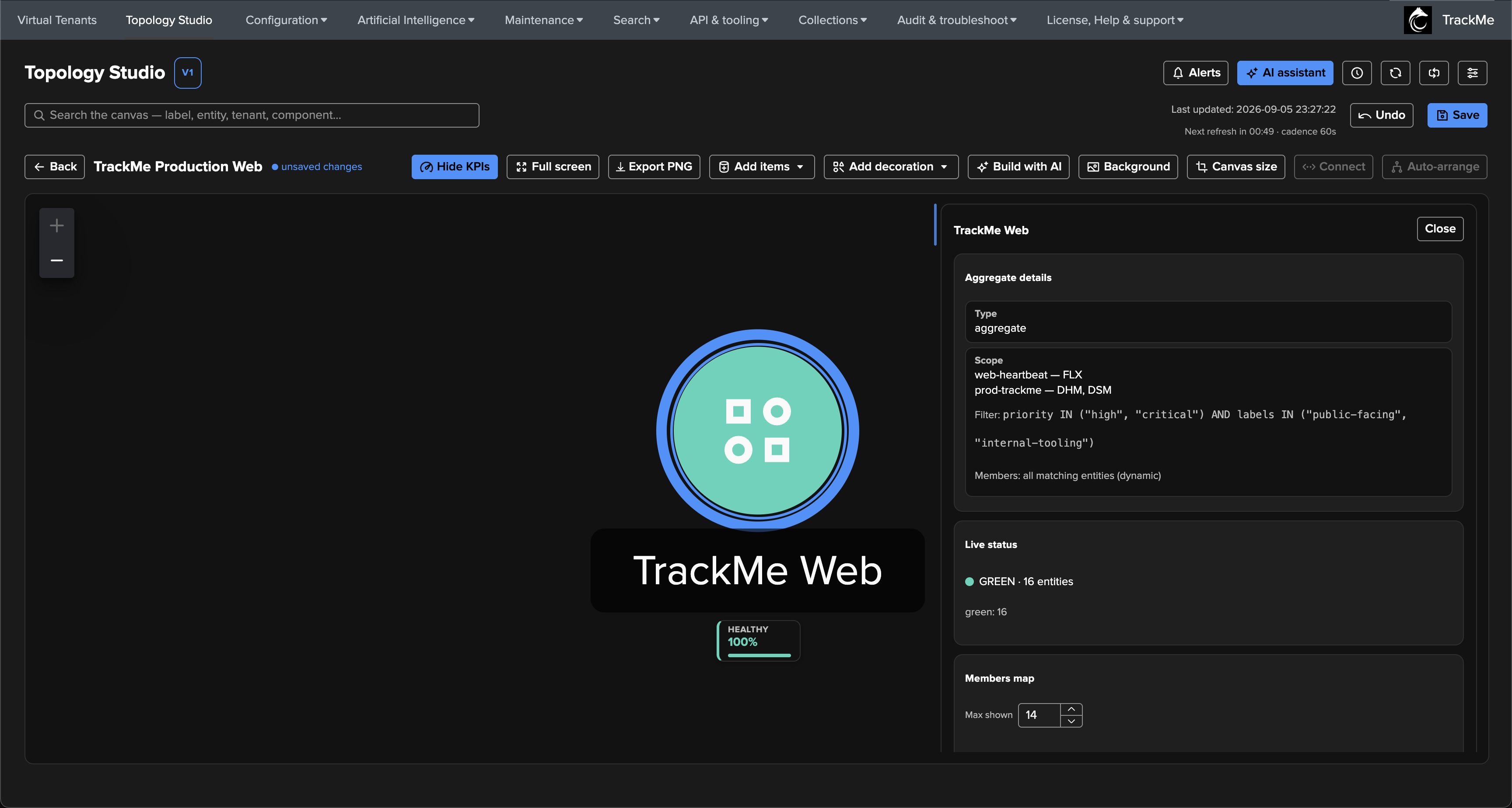 The TrackMe Web aggregate on the canvas with its healthy percentage KPI and the inspector showing the aggregate details, scope, filter and live status