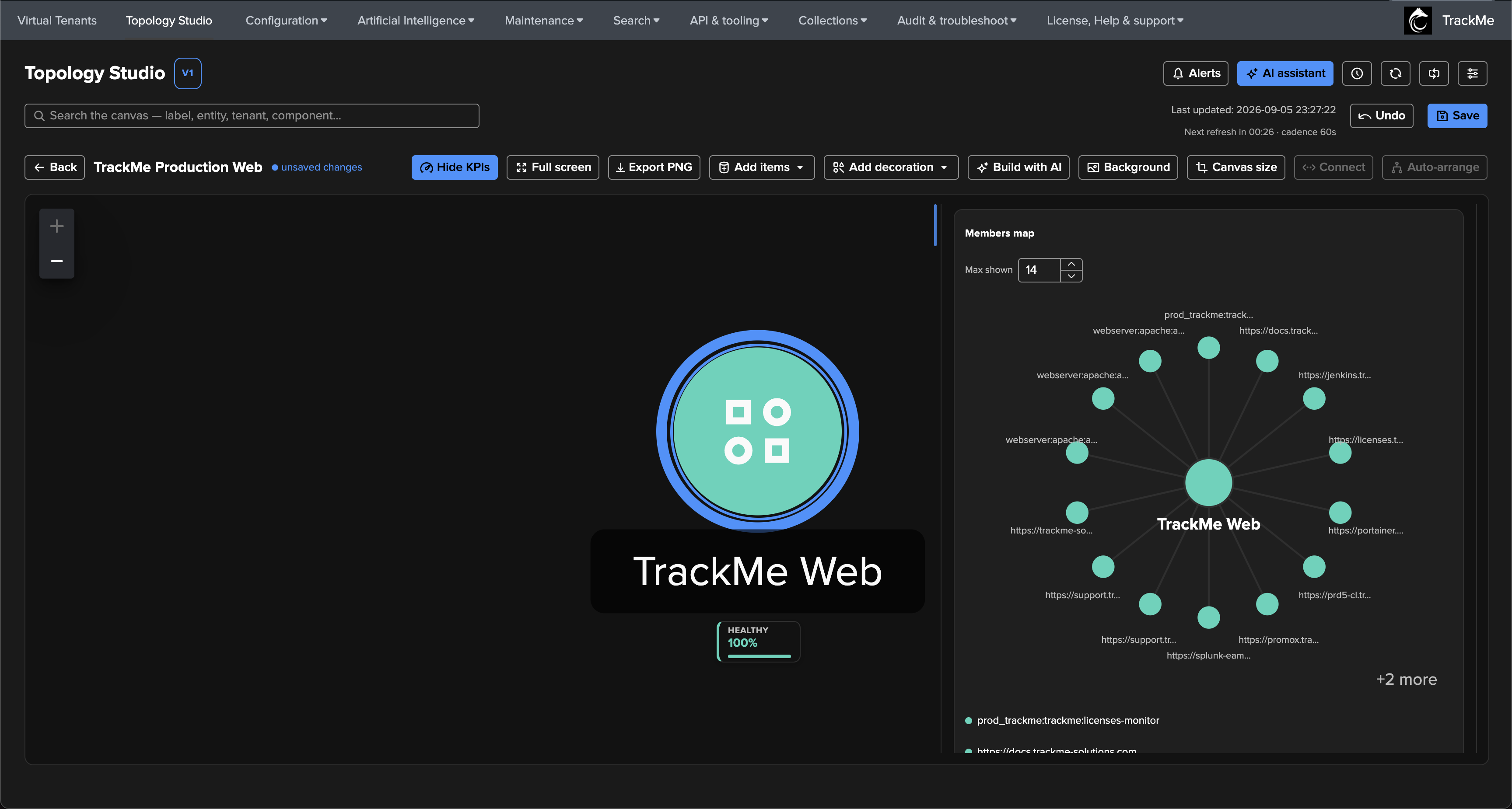 The inspector scrolled to the members map, showing the matching entities laid out around the TrackMe Web aggregate