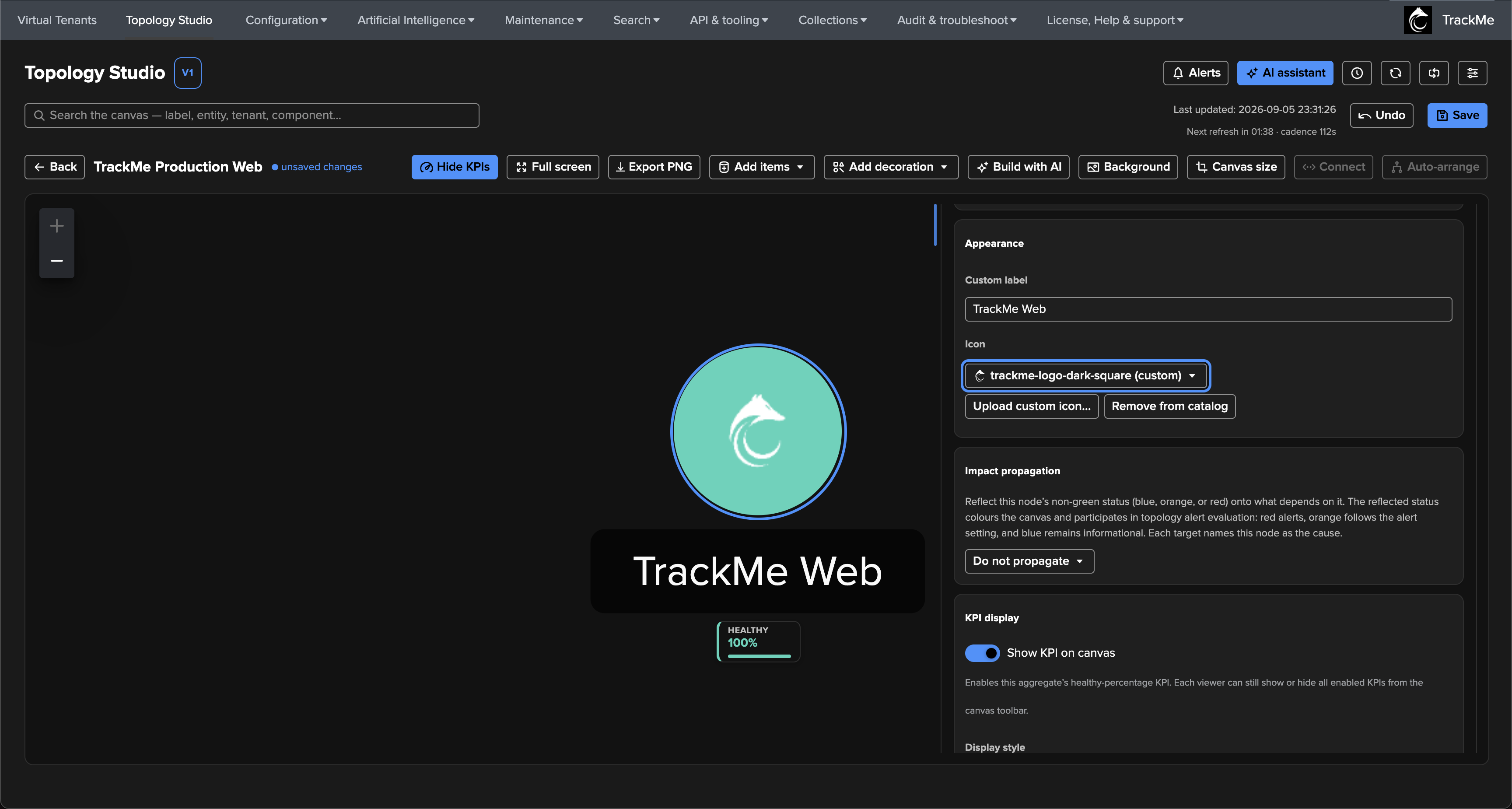 The same appearance section after the upload, with the custom trackme-logo-dark-square icon selected and applied to the TrackMe Web node