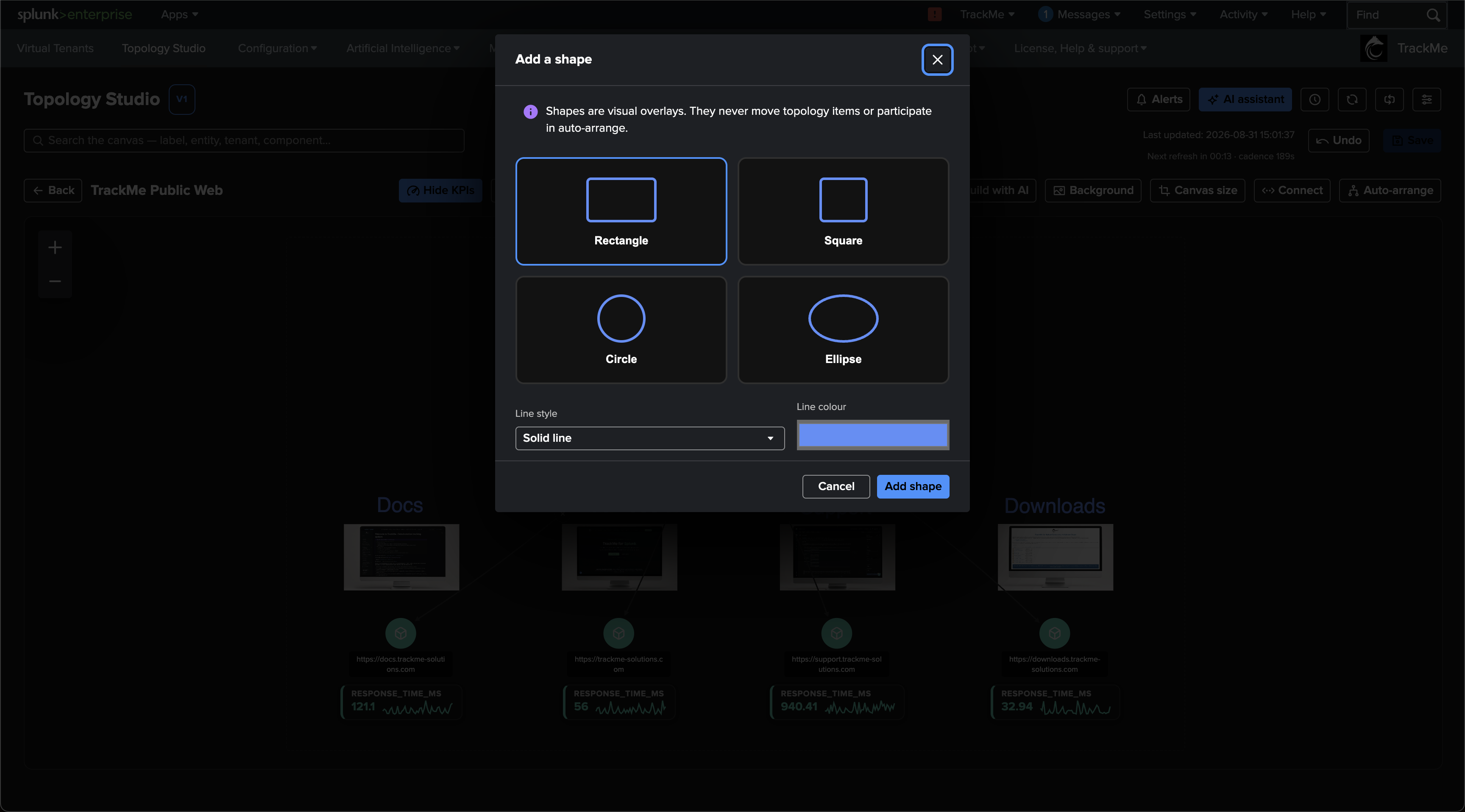 The Add a shape dialog offering Rectangle, Square, Circle and Ellipse with line style and colour controls