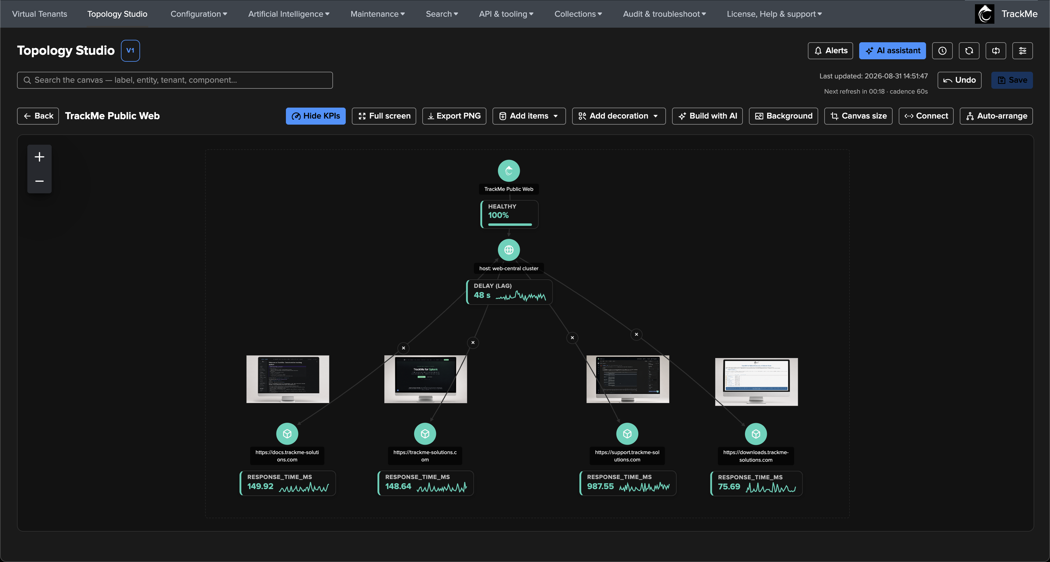 The TrackMe Public Web topology with a monitor screenshot image placed next to each of the four web entities
