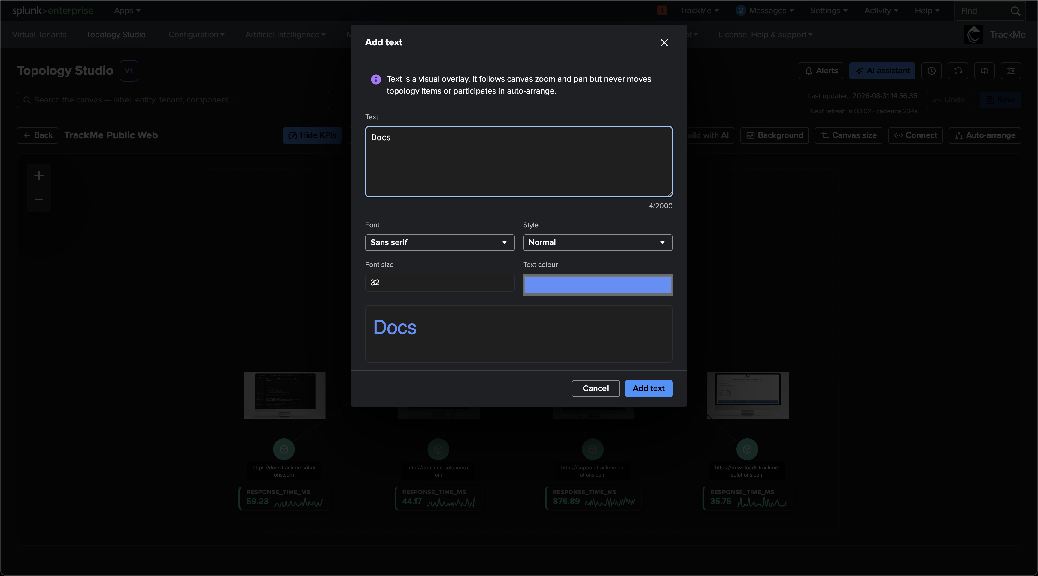The Add text dialog with the text area, font, style, size and colour controls and a live preview