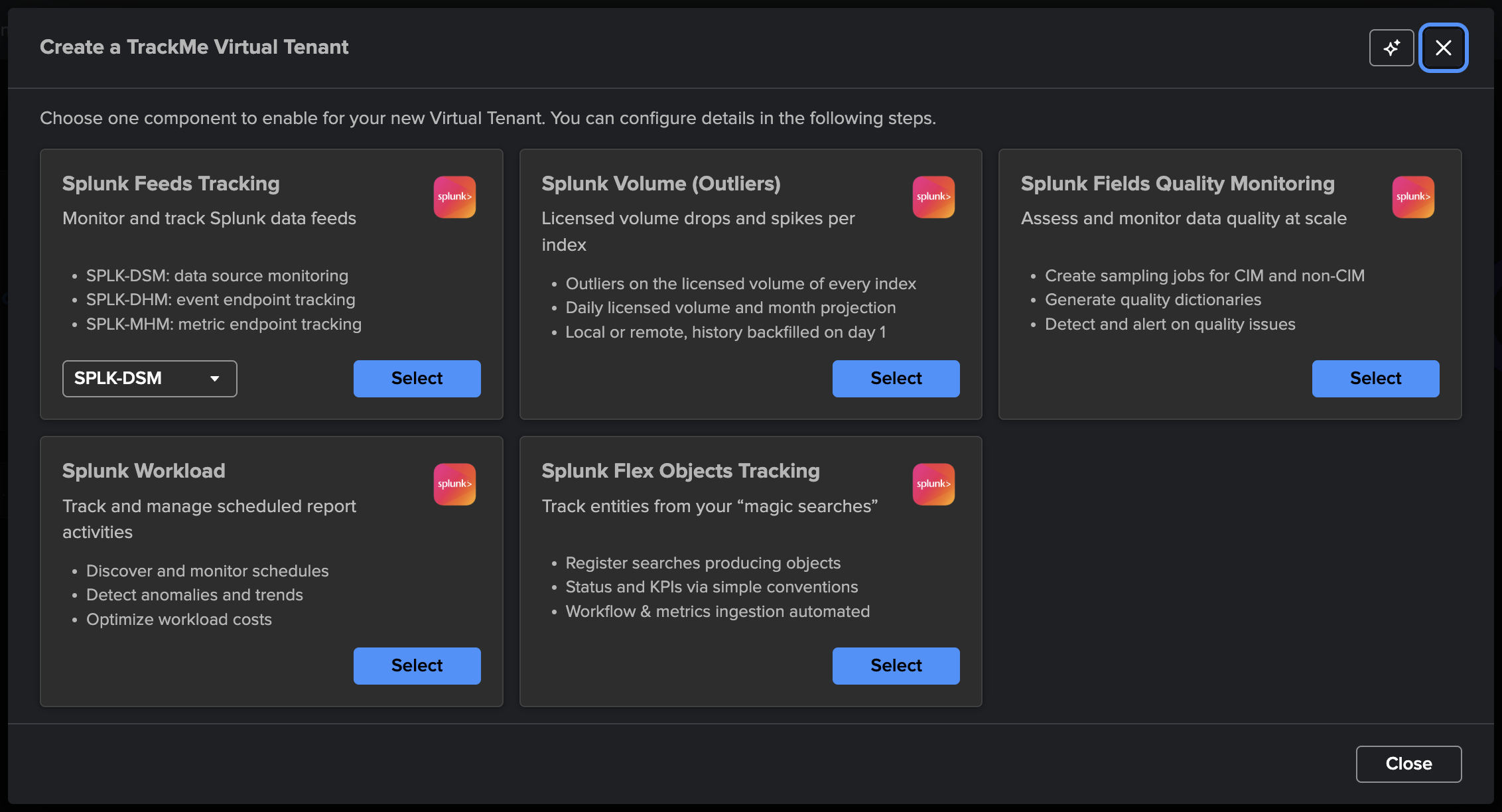 The tenant creation chooser with the Splunk Volume (Outliers) card