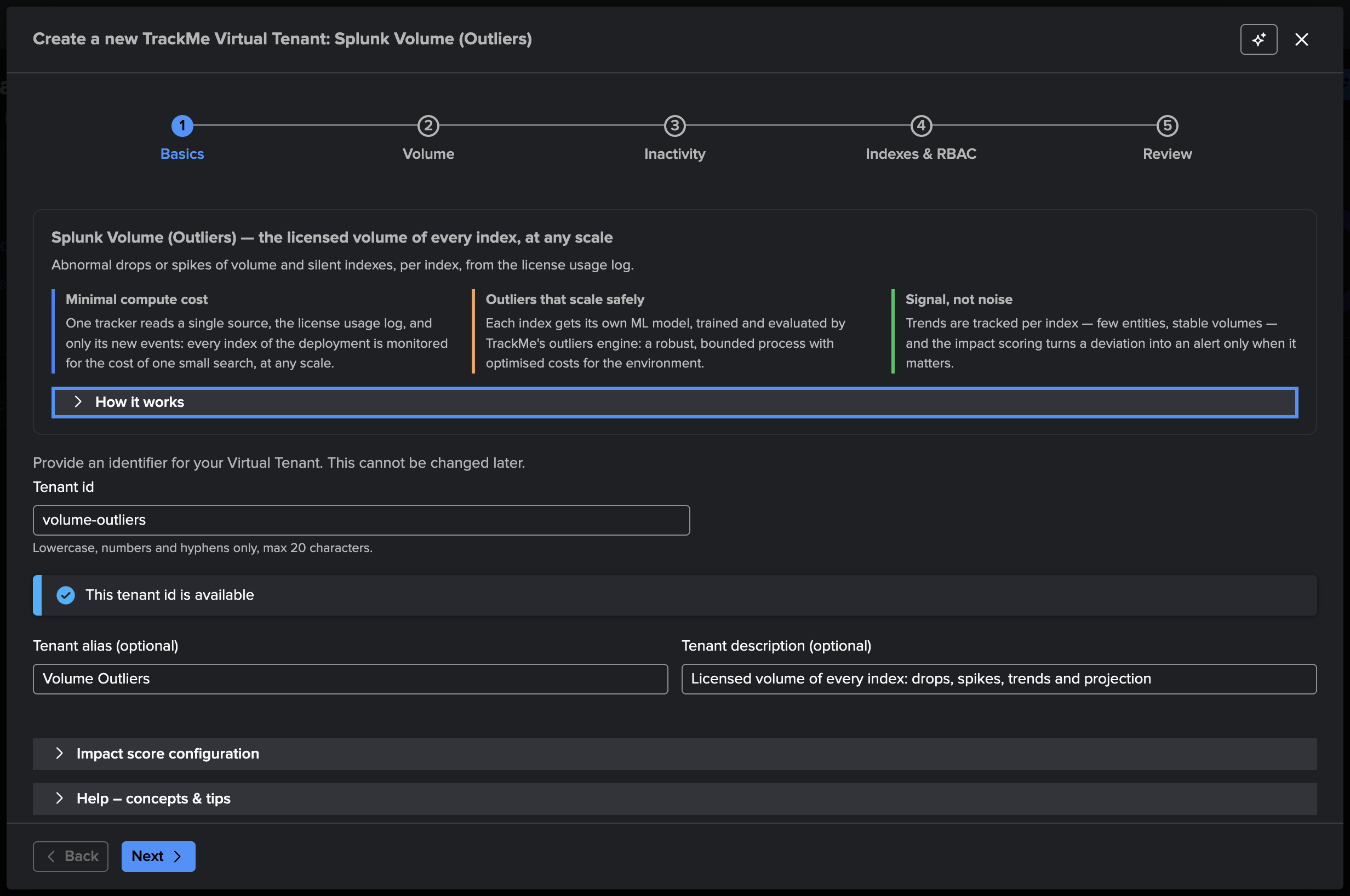The Basics step — tenant id volume-outliers, alias Volume Outliers, and a description