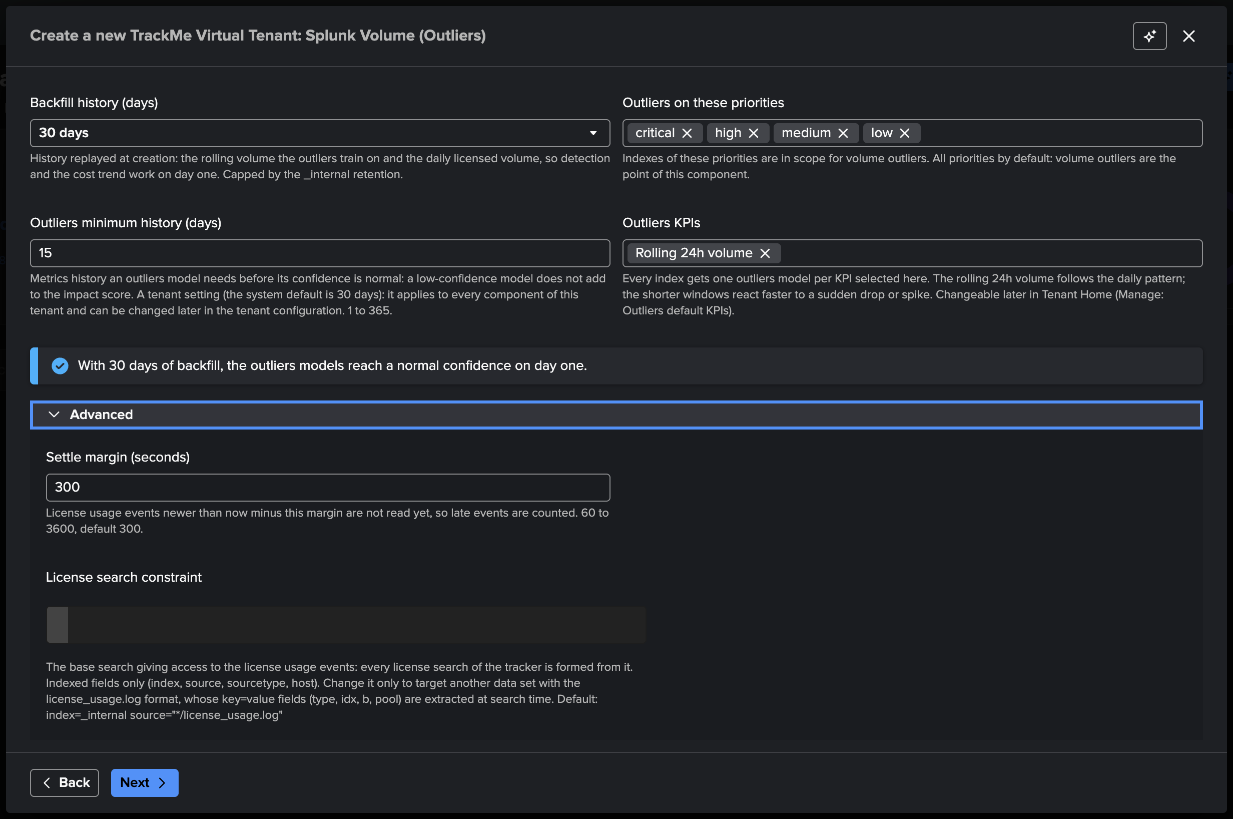 The Volume step, Advanced expanded — the license search constraint at its default value and the settle margin