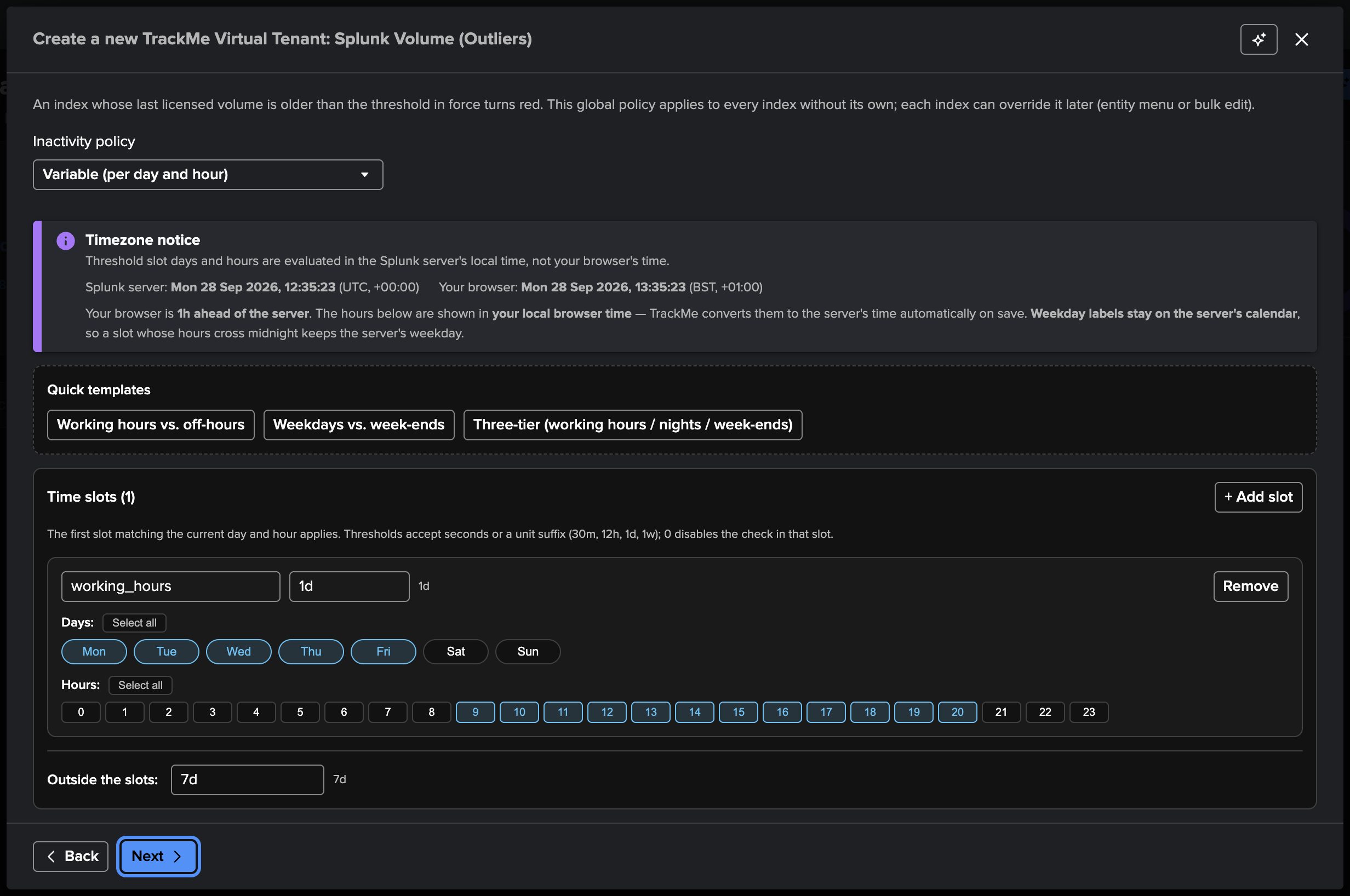 The Inactivity step — the variable policy with its working-hours slot on the day / hour grid
