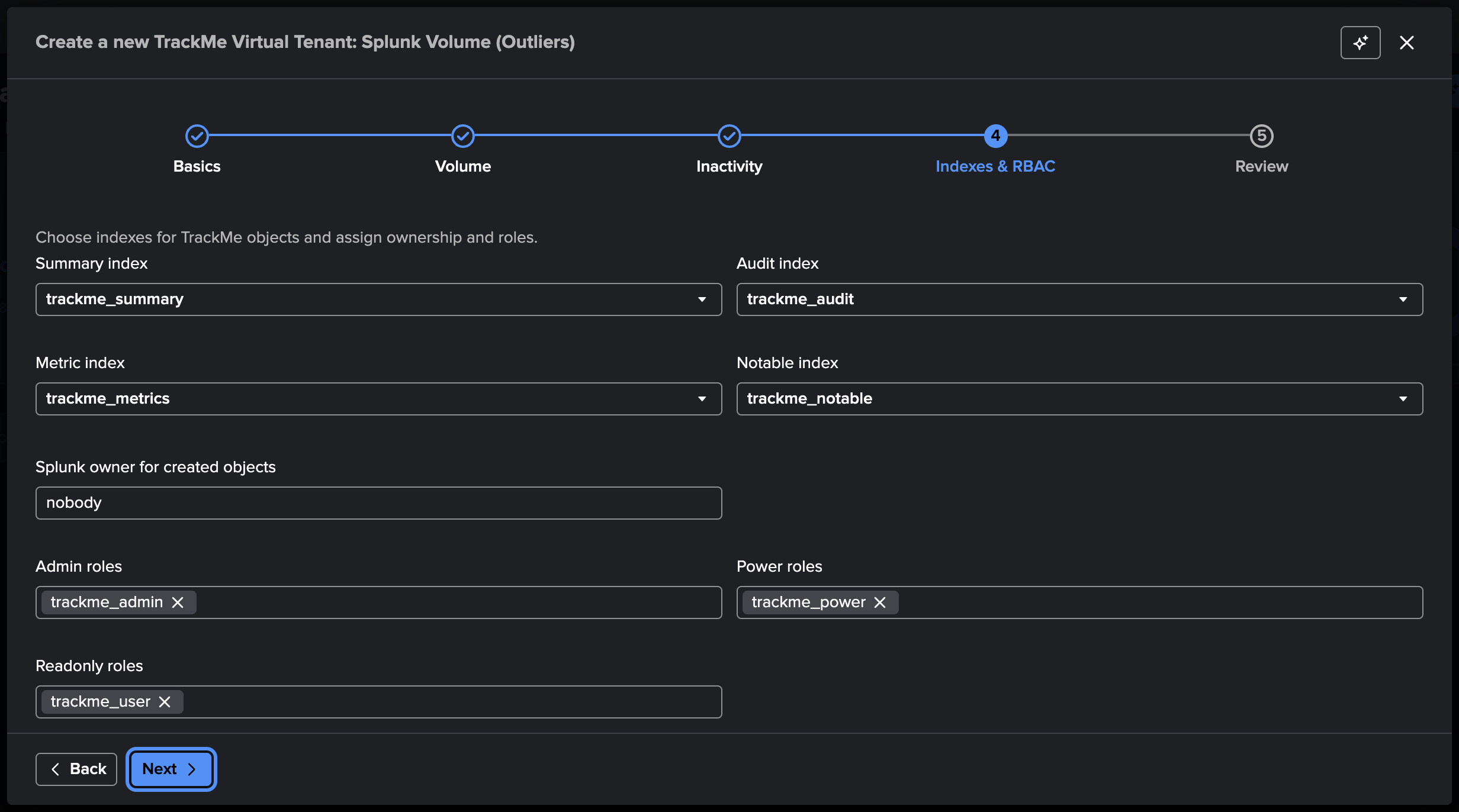 The Indexes & RBAC step — the TrackMe indexes, the roles and the owner