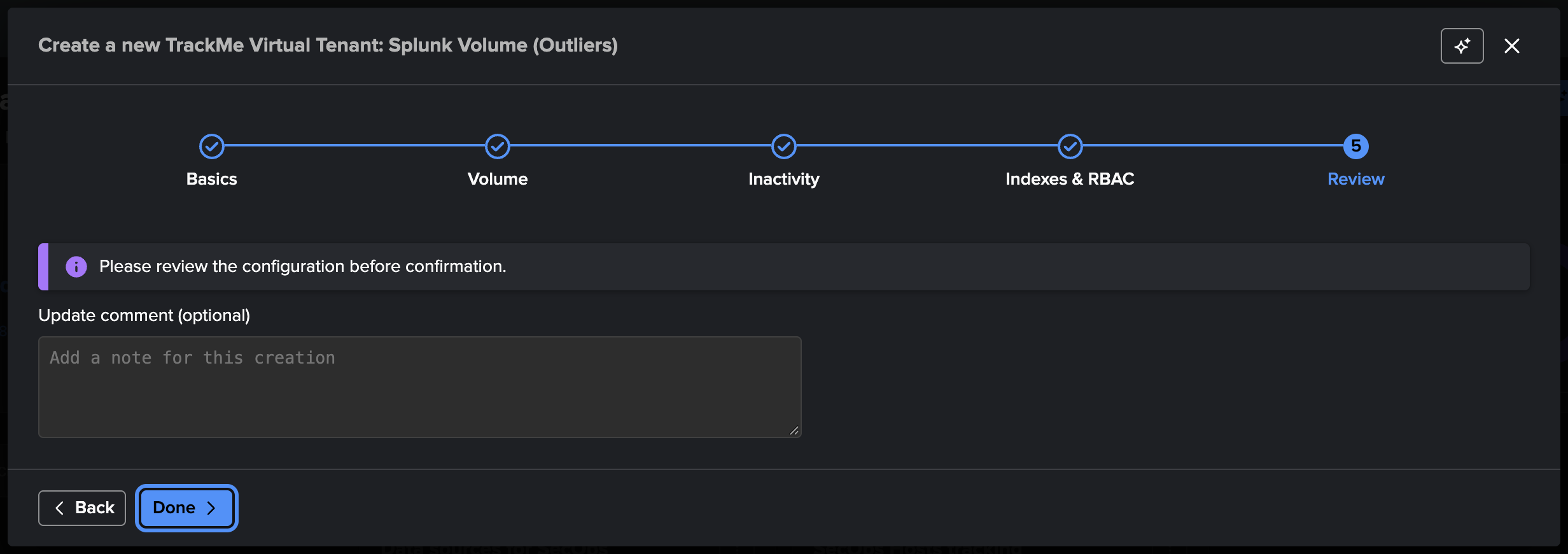 The Review step — the summary of the Volume Outliers tenant before creation
