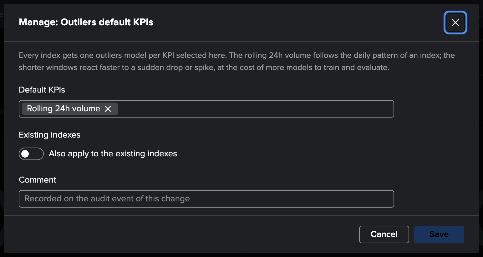The Manage: Outliers default KPIs modal — the rolling KPIs a new index gets a model on, with the apply-to-existing-indexes switch