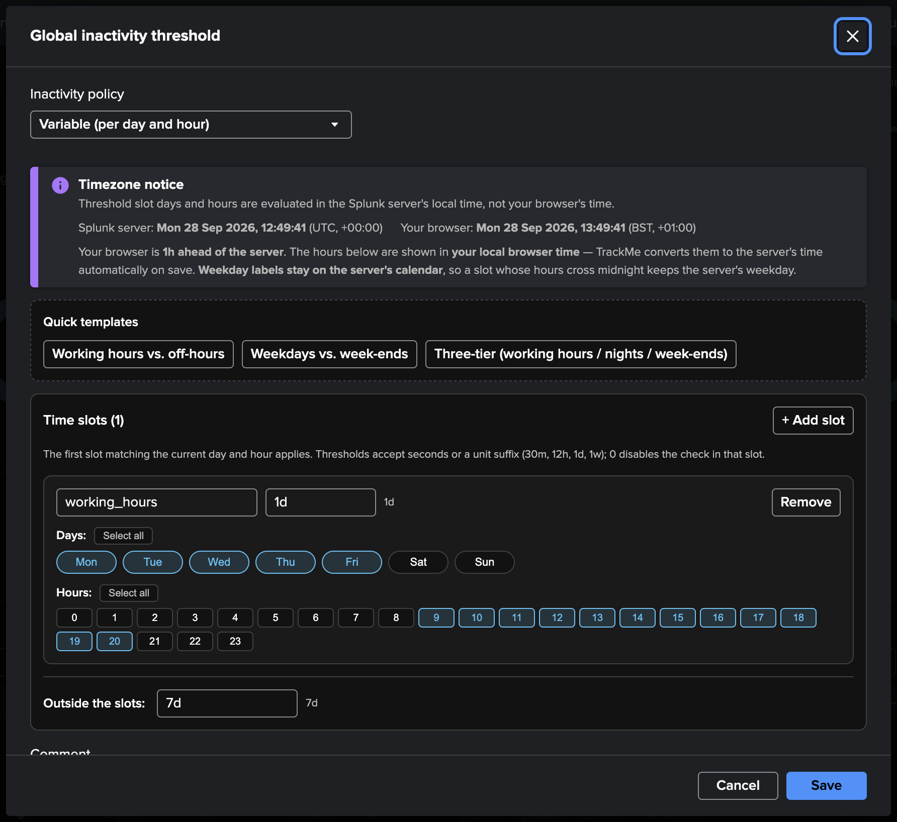 The Manage: Global inactivity threshold editor — the variable policy with its working-hours slot on the day / hour grid and the default outside the slots
