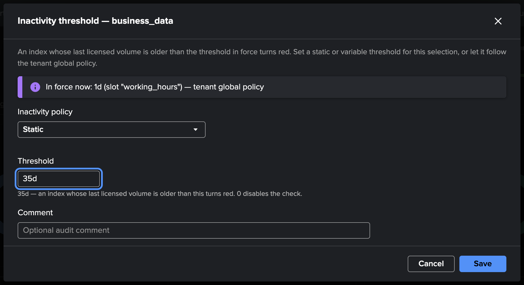 The per-index inactivity threshold modal — the policy in force for this index and the override choices (tenant policy, static, variable)