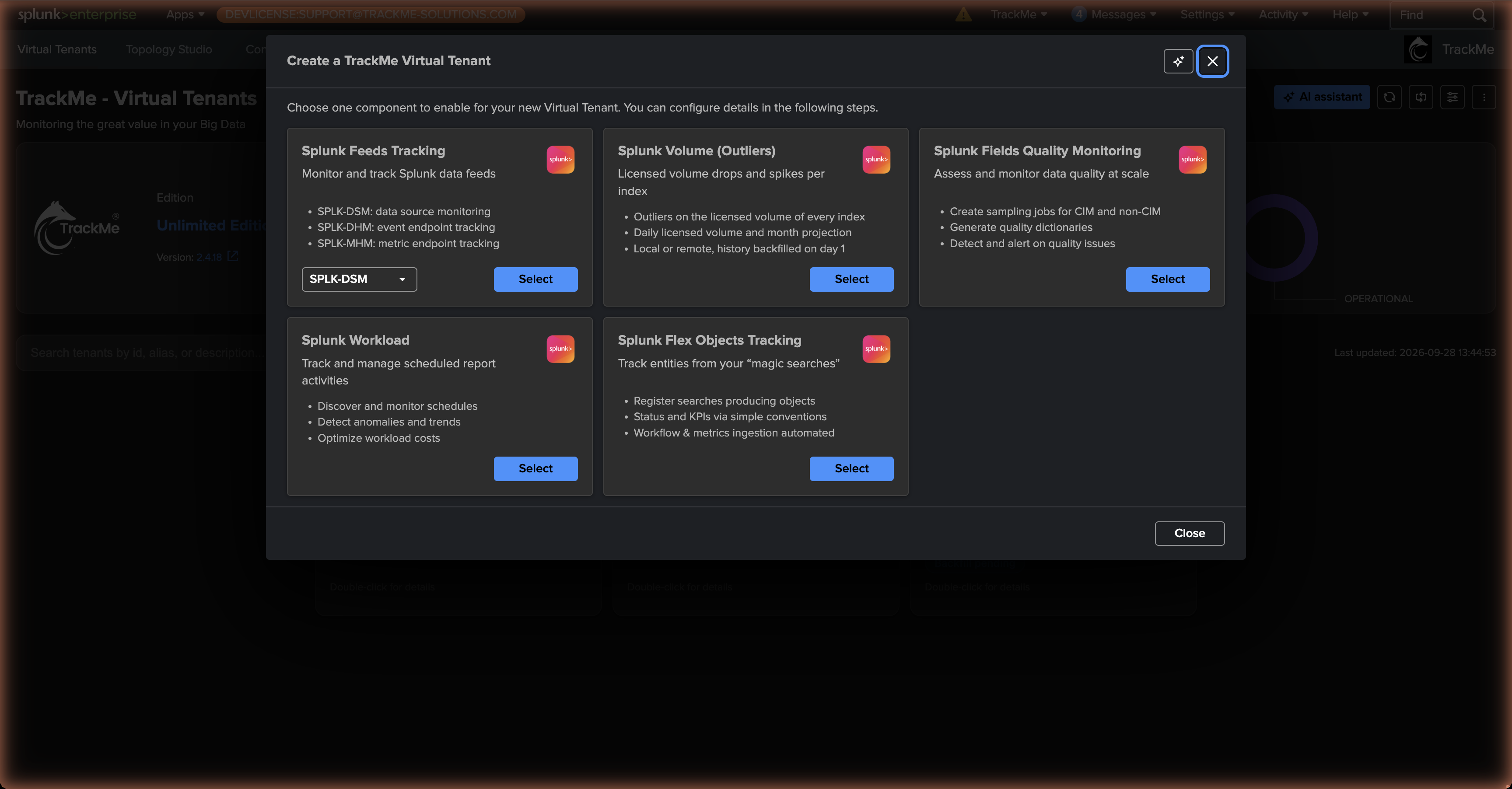 The tenant creation chooser — Splunk Feeds Tracking, Splunk Volume (Outliers), Fields Quality Monitoring, Workload and Flex Objects