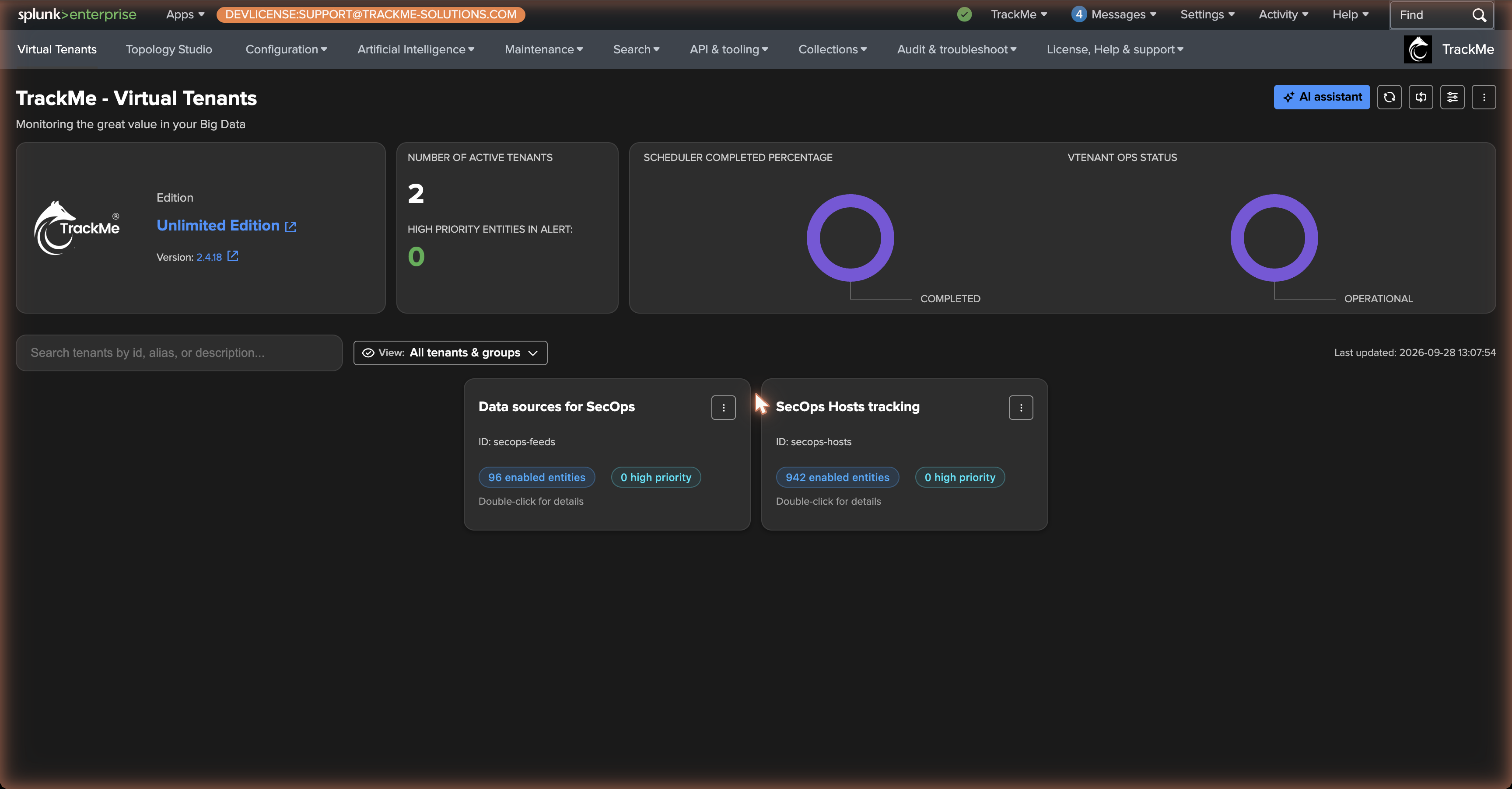 The Virtual Tenants page before we start — two tenants, a feeds tenant (splk-dsm) and a hosts tenant (splk-dhm), both operational
