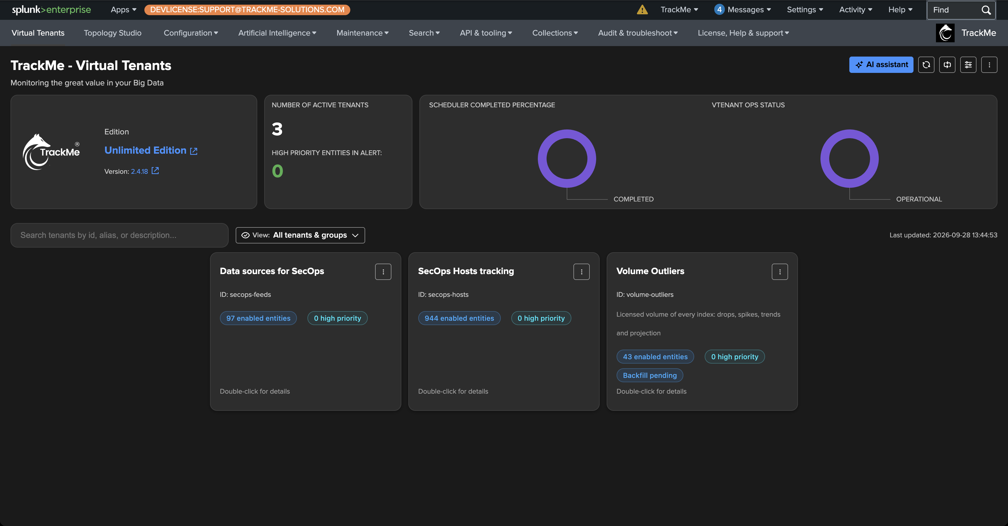 The Virtual Tenants page — the new Volume Outliers tenant card with its Backfill pending badge next to the two existing tenants