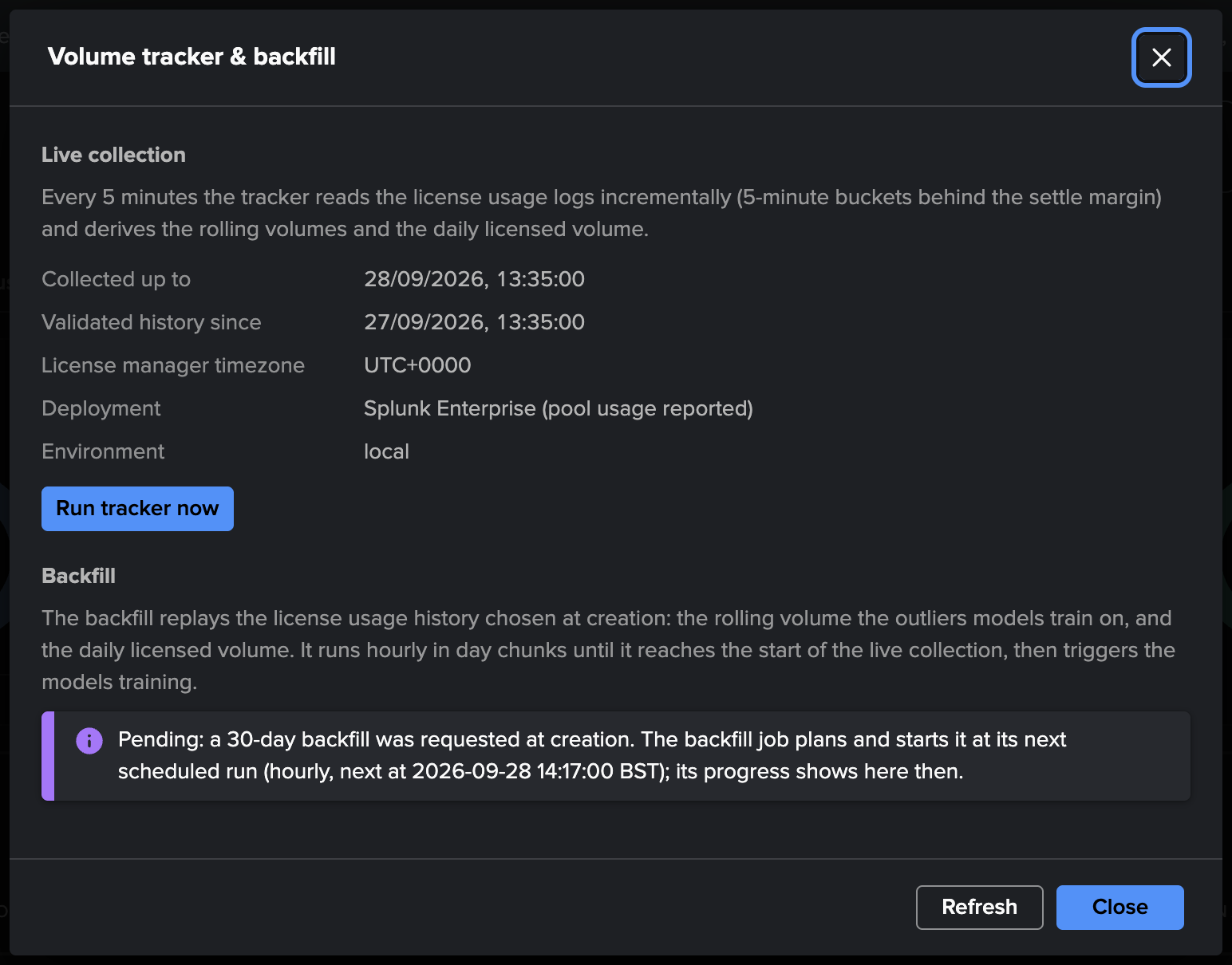 The Manage: volume collection screen while the backfill is pending — the requested depth and the job's next run