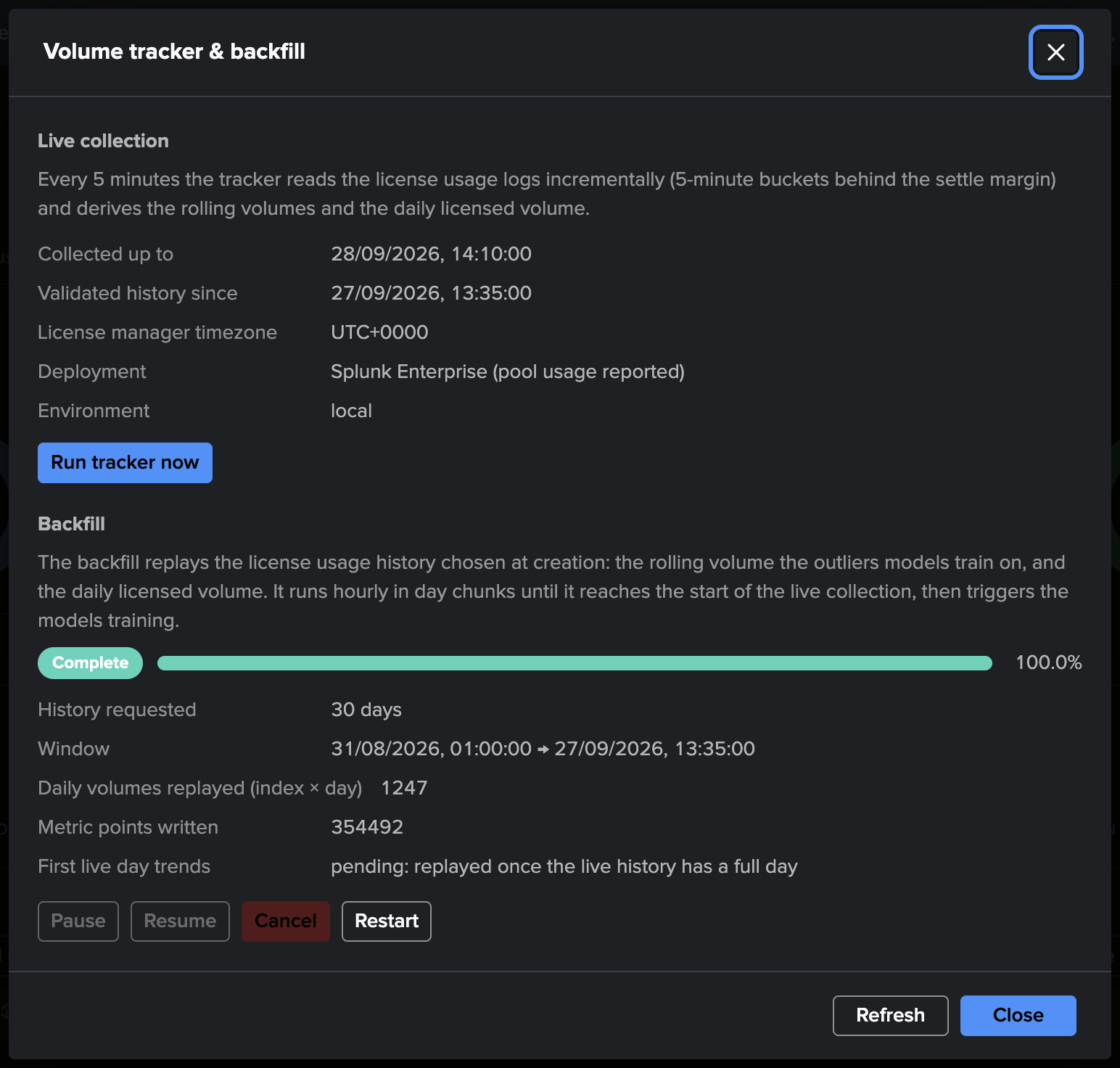 The Manage: volume collection screen once the backfill completed — the replayed range, the chunks and points written, and the restart control