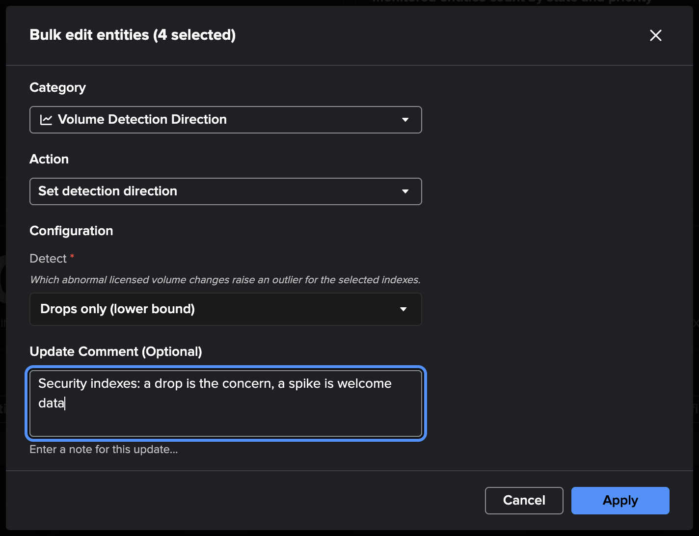 The bulk edit action Detection direction applied to a selection of indexes