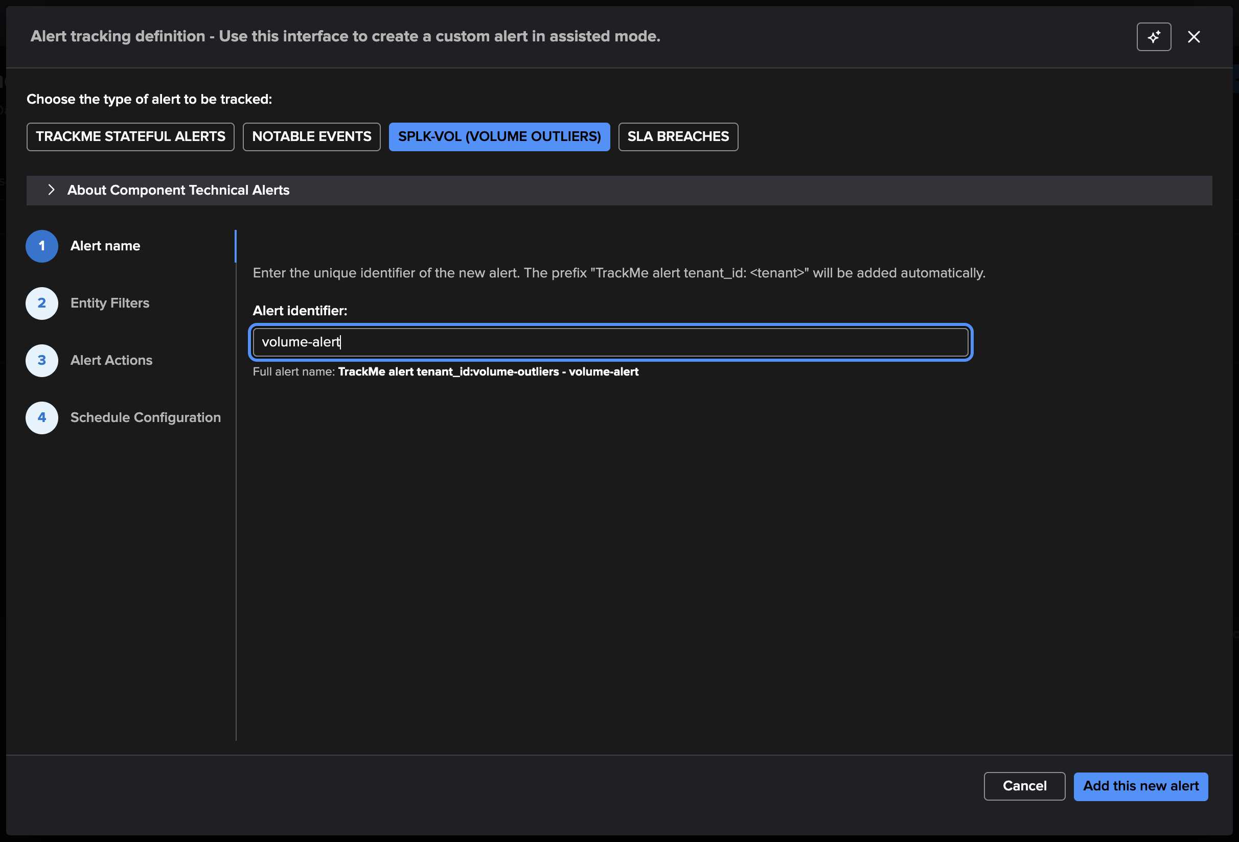 The Create Alert wizard — the SPLK-VOL alert type selected