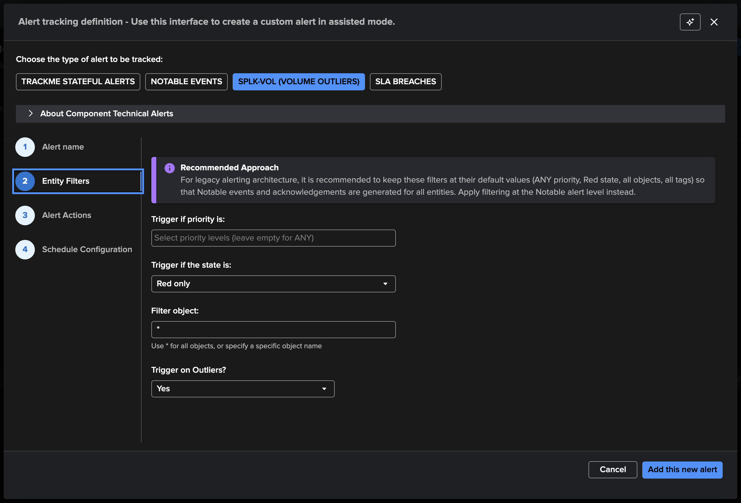 The entity filters step of the SPLK-VOL alert — Trigger on Outliers on, red state, any priority