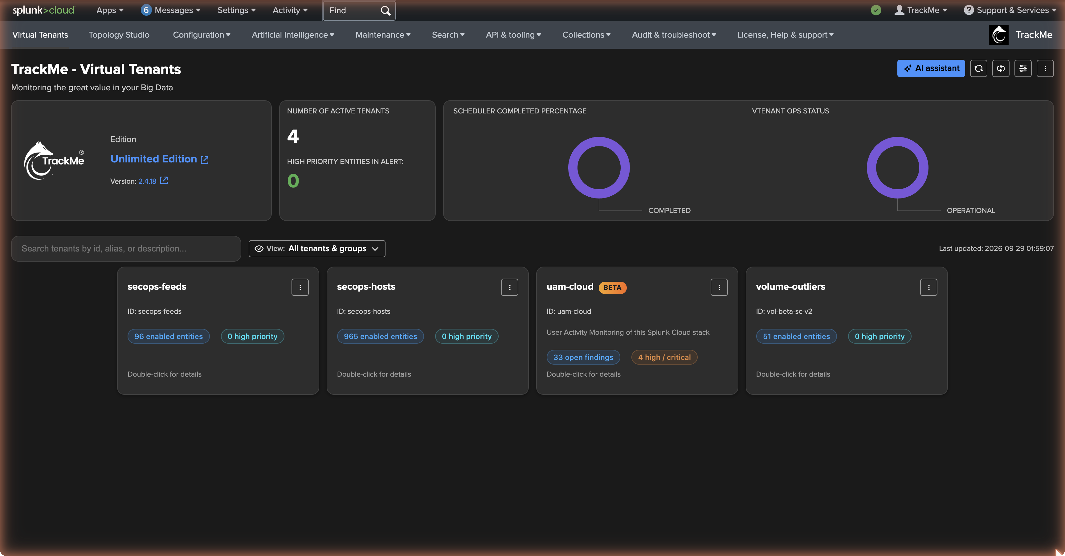 The Virtual Tenants page with a UAM tenant card — the Beta badge, the open findings and their severities, the search head tiers and the collection status