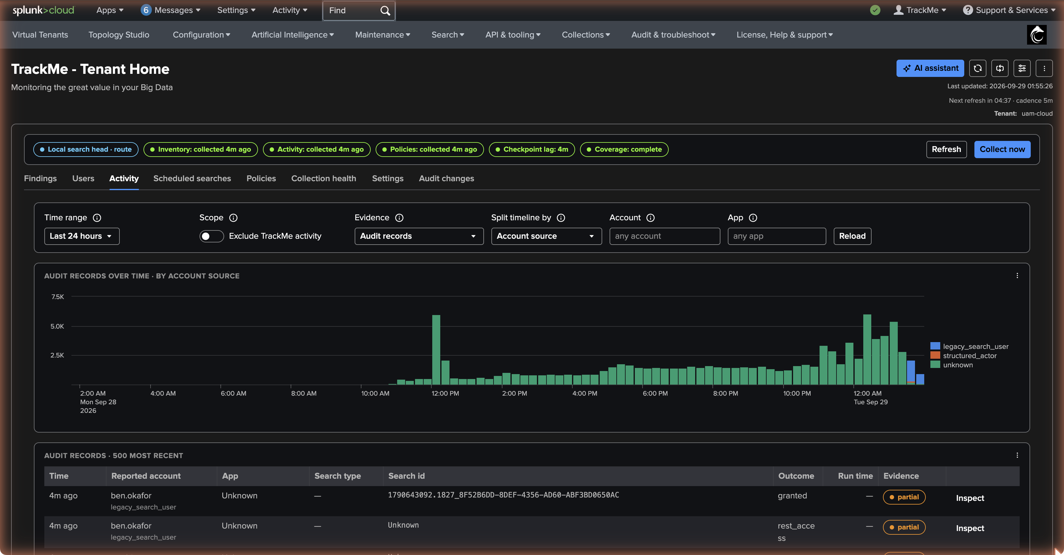 The Activity tab — the activity timeline split by account source and the audit records table with account, app, search type, search id, outcome, run time and evidence status