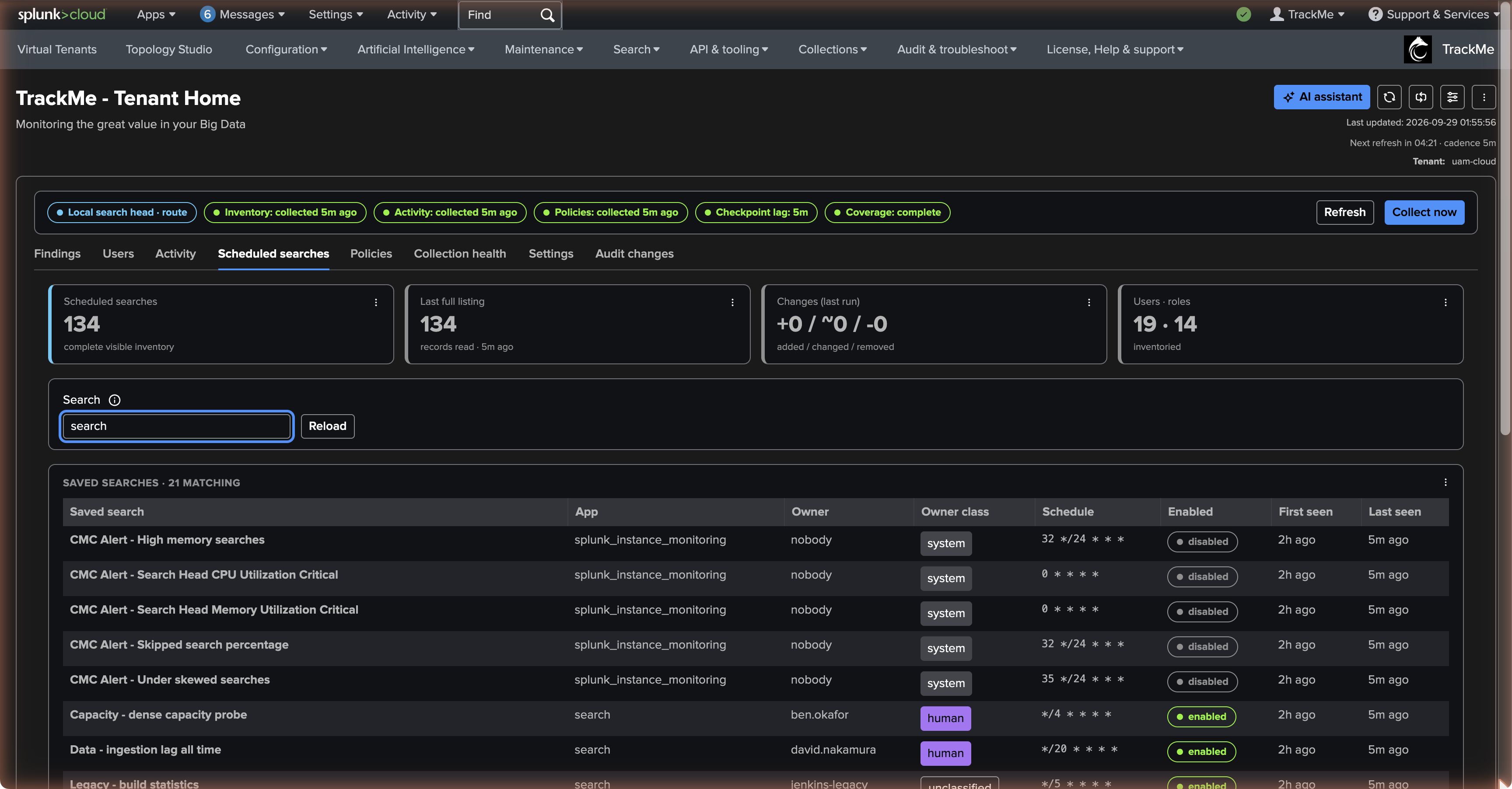 The Scheduled searches tab — the inventory tiles and the saved searches table with owner, owner class, schedule, enablement and first and last seen