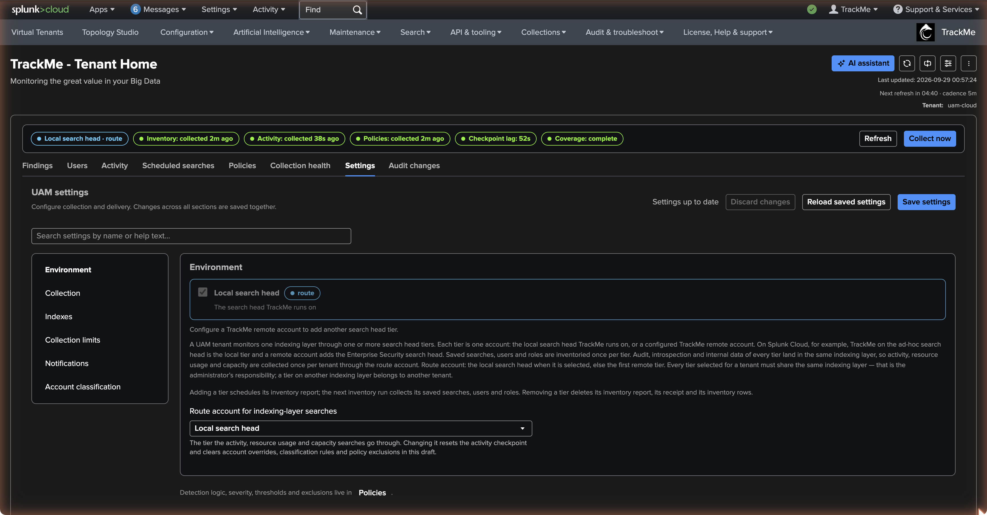 Settings — Environment: the search head tiers (local and remote accounts) and the route account of the indexing-layer searches
