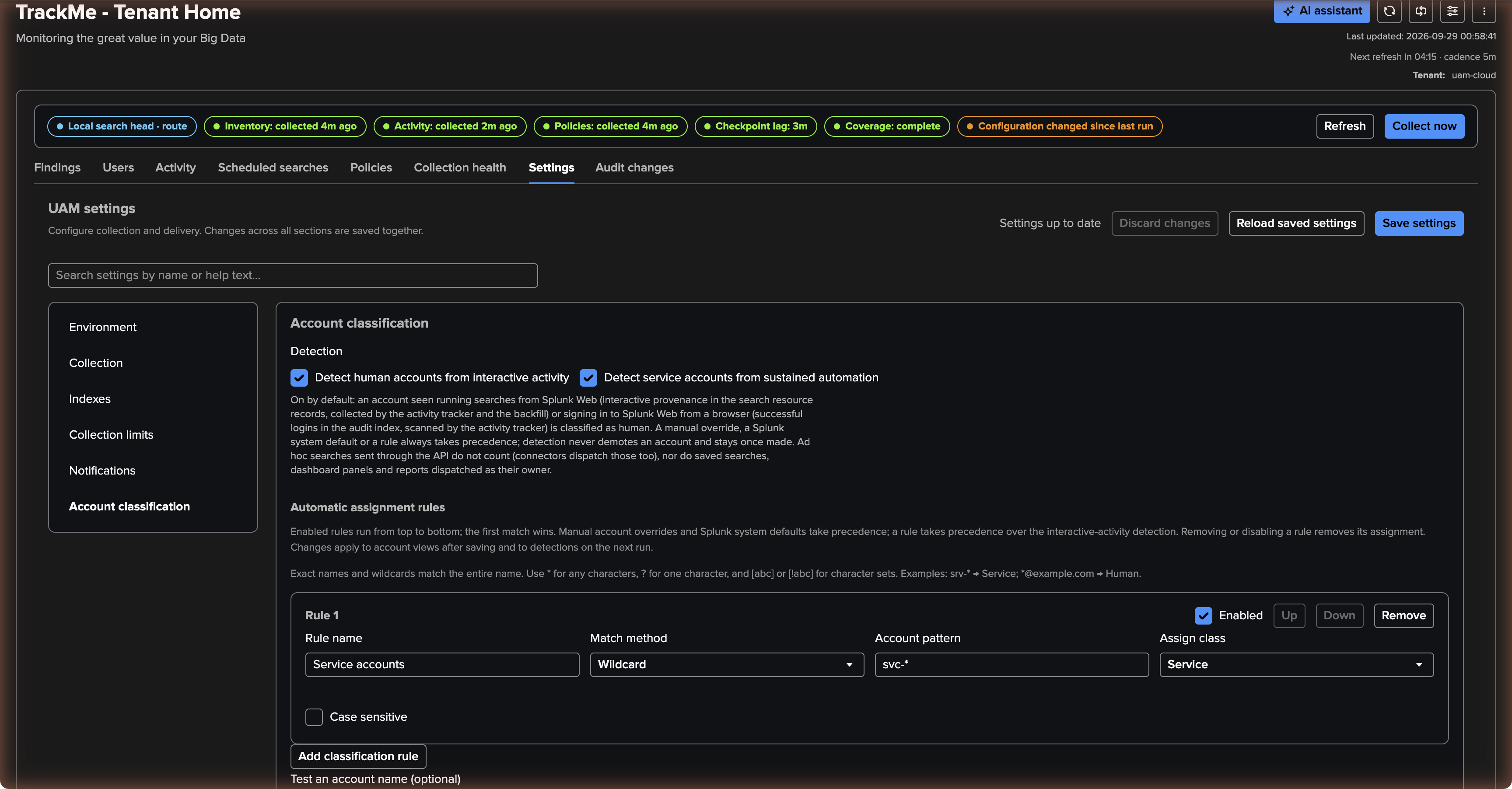 Settings — Account classification: the manual account classes with their effective class, the ordered assignment rules and the detection switches