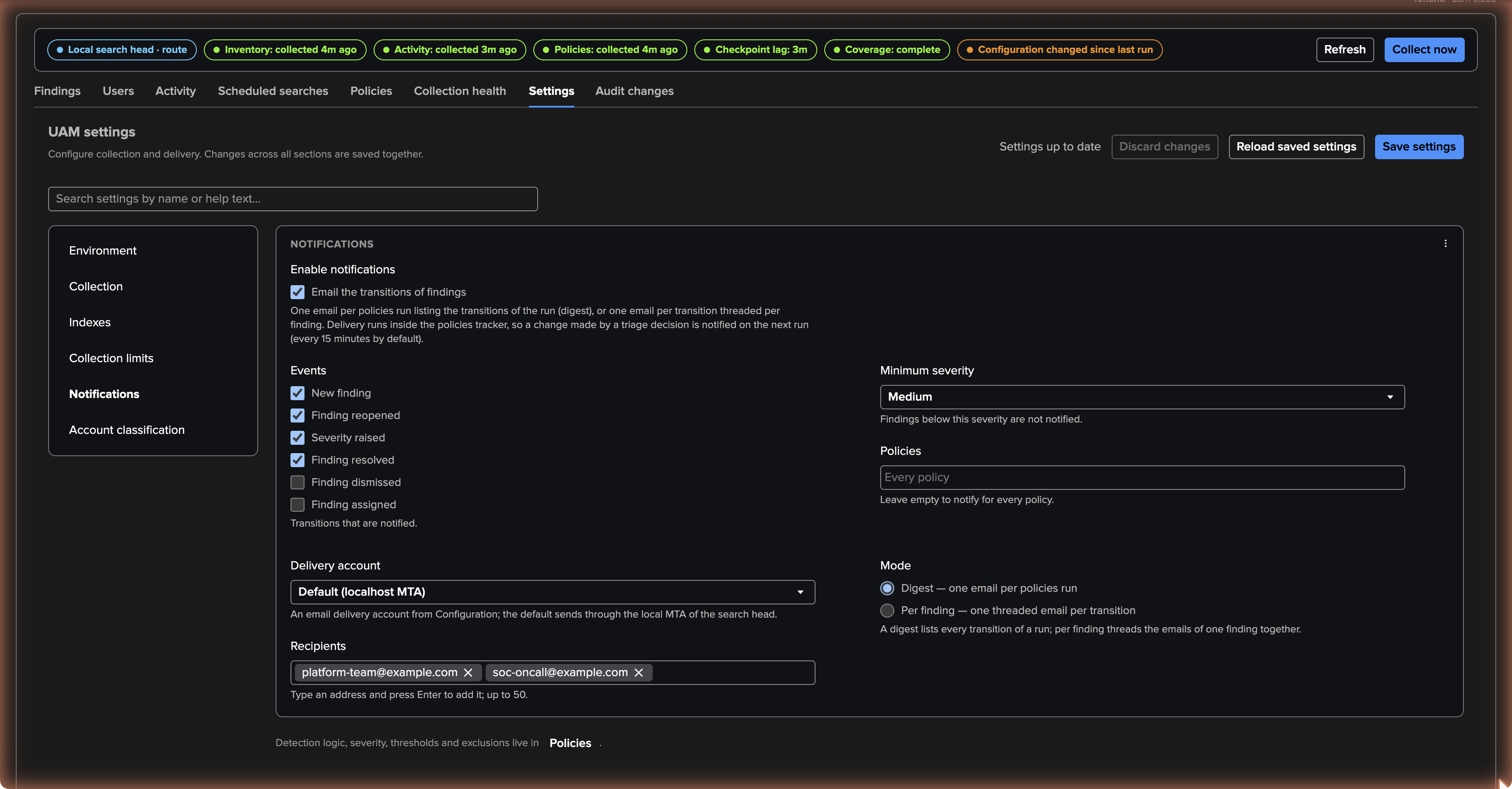 Settings — Notifications: enablement, the events, the minimum severity, the policies, the email delivery account, the recipients and the digest or per-finding mode