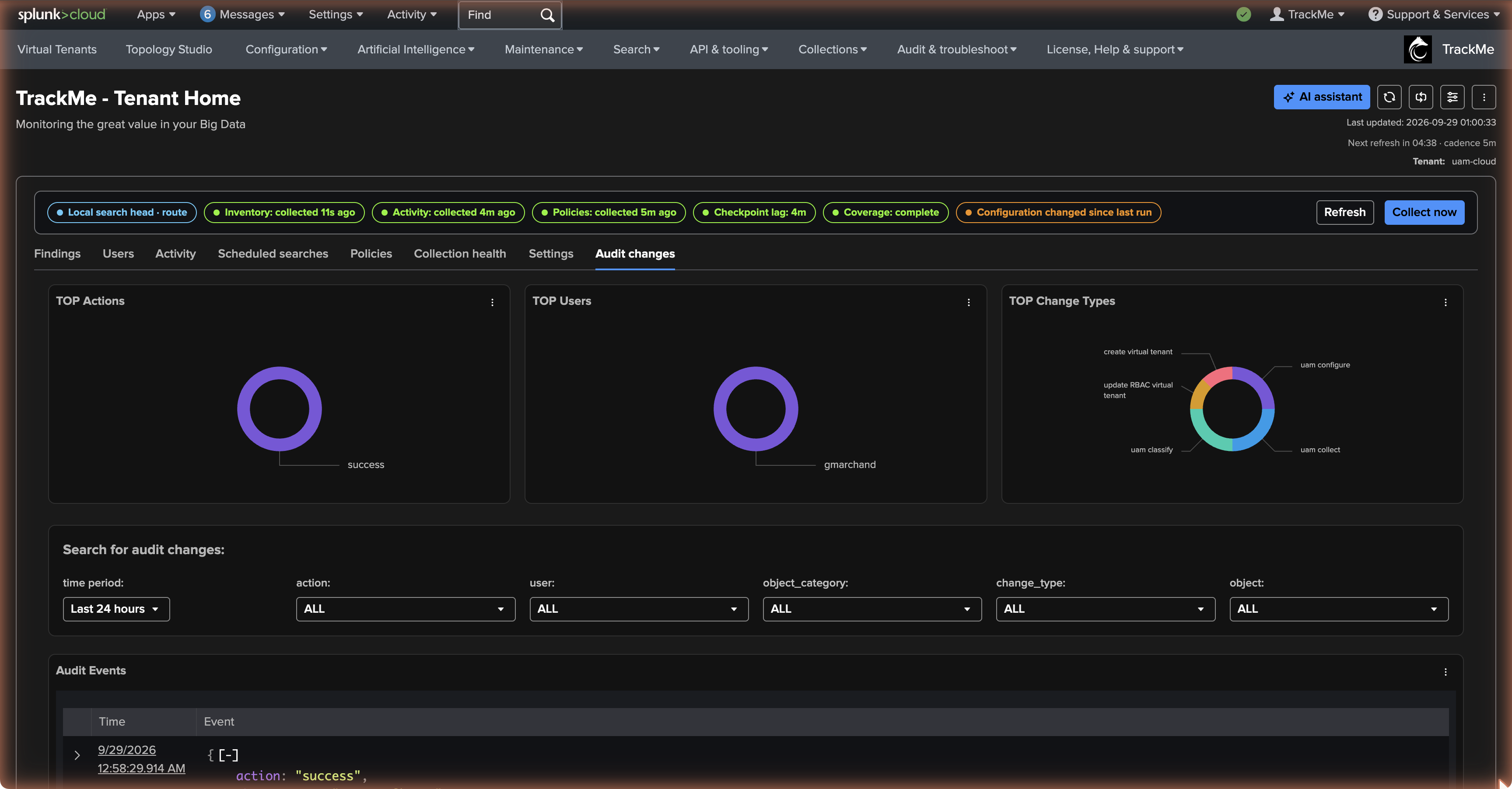 The Audit changes tab — the configuration changes, decisions and collections dispatched on the tenant, with the user, the operation and the time