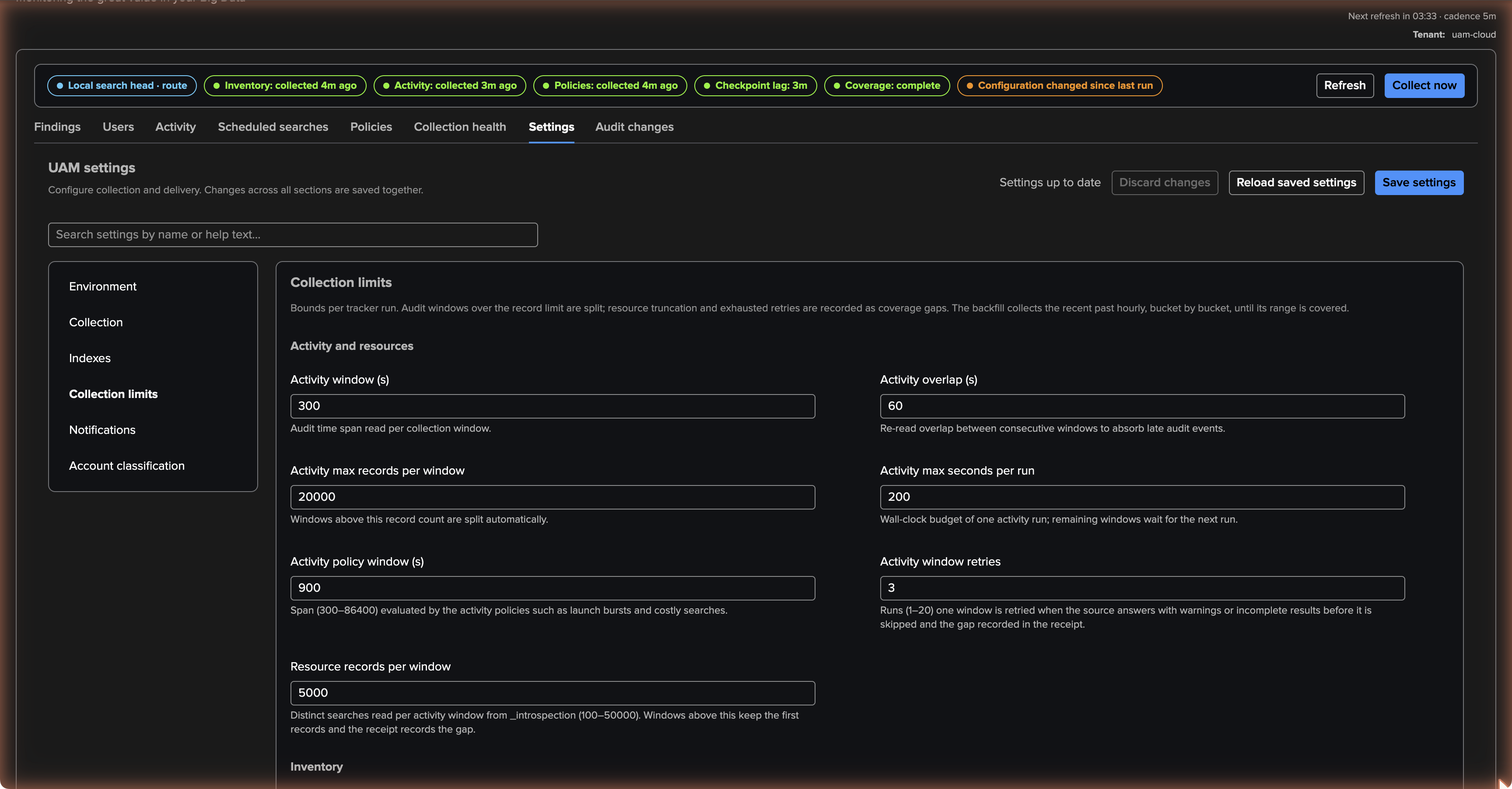Settings — Collection limits: the activity and resources, inventory, policies and backfill budgets with their ranges