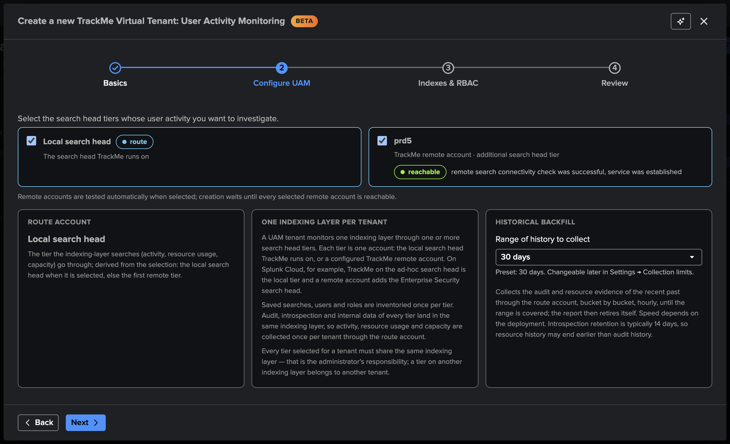 The Configure UAM step of the tenant wizard with two tiers — the local search head as the route account and a remote account tier that passed its connectivity check