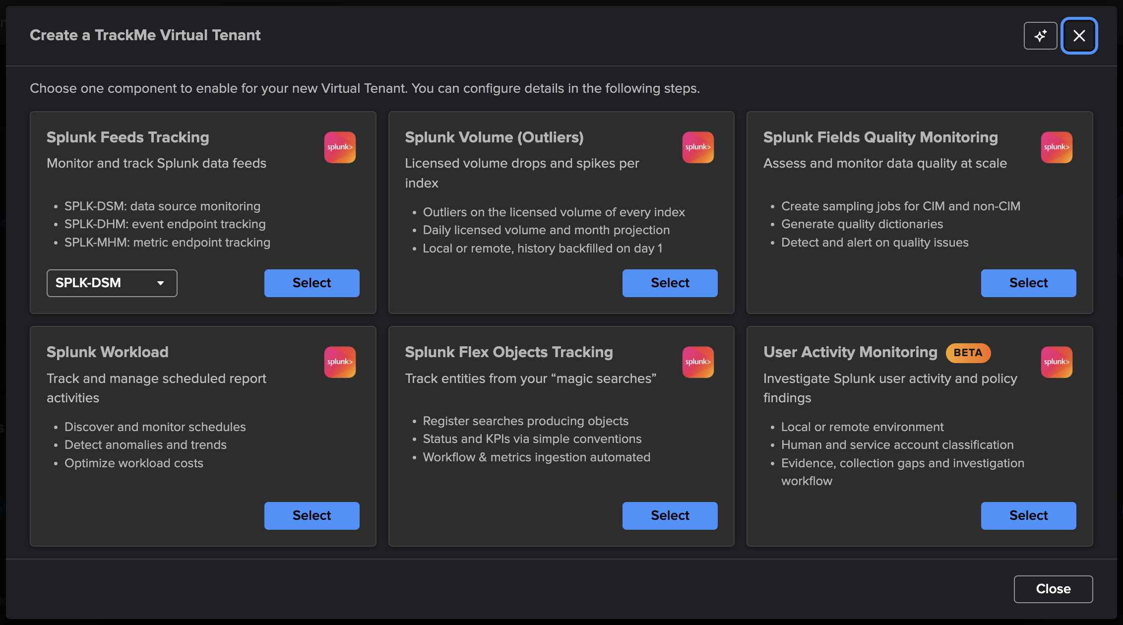 The tenant creation chooser with the User Activity Monitoring card and its Beta badge, next to the five entity component cards