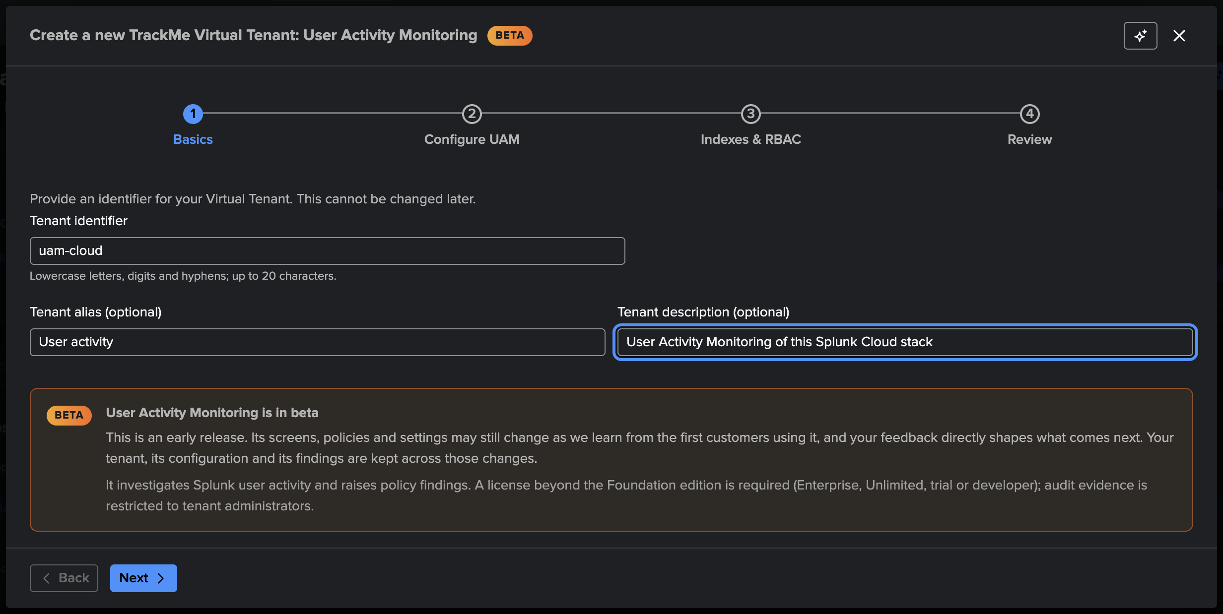 The Basics step of the UAM wizard — tenant id user-activity, alias User Activity Monitoring, and a description