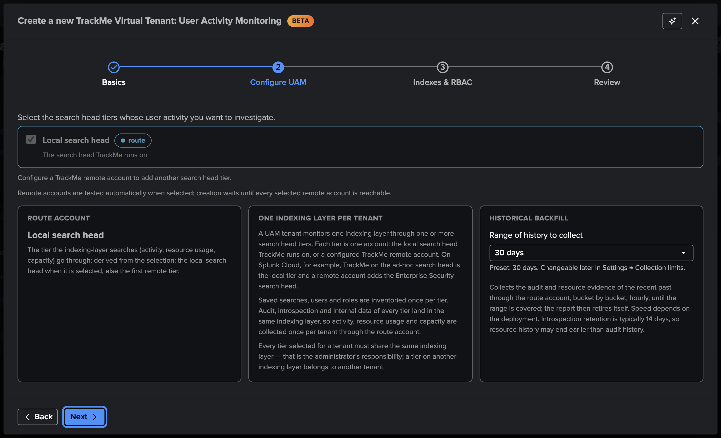 The Configure UAM step — the search head tiers with the local search head selected, the derived route account and the historical backfill preset at 30 days