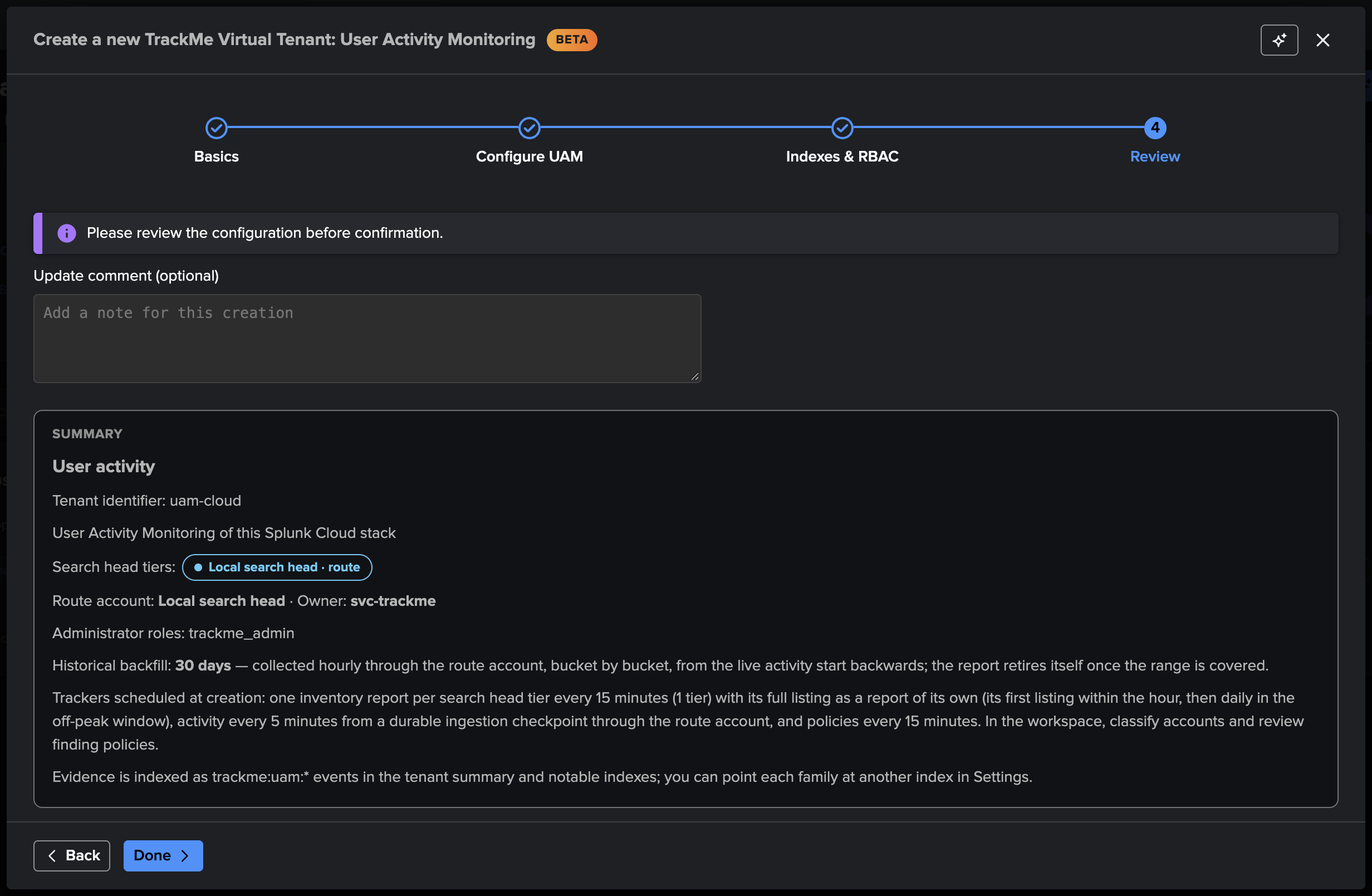 The Review step — the tenant summary before creation: tiers, route, backfill, indexes, owner and roles