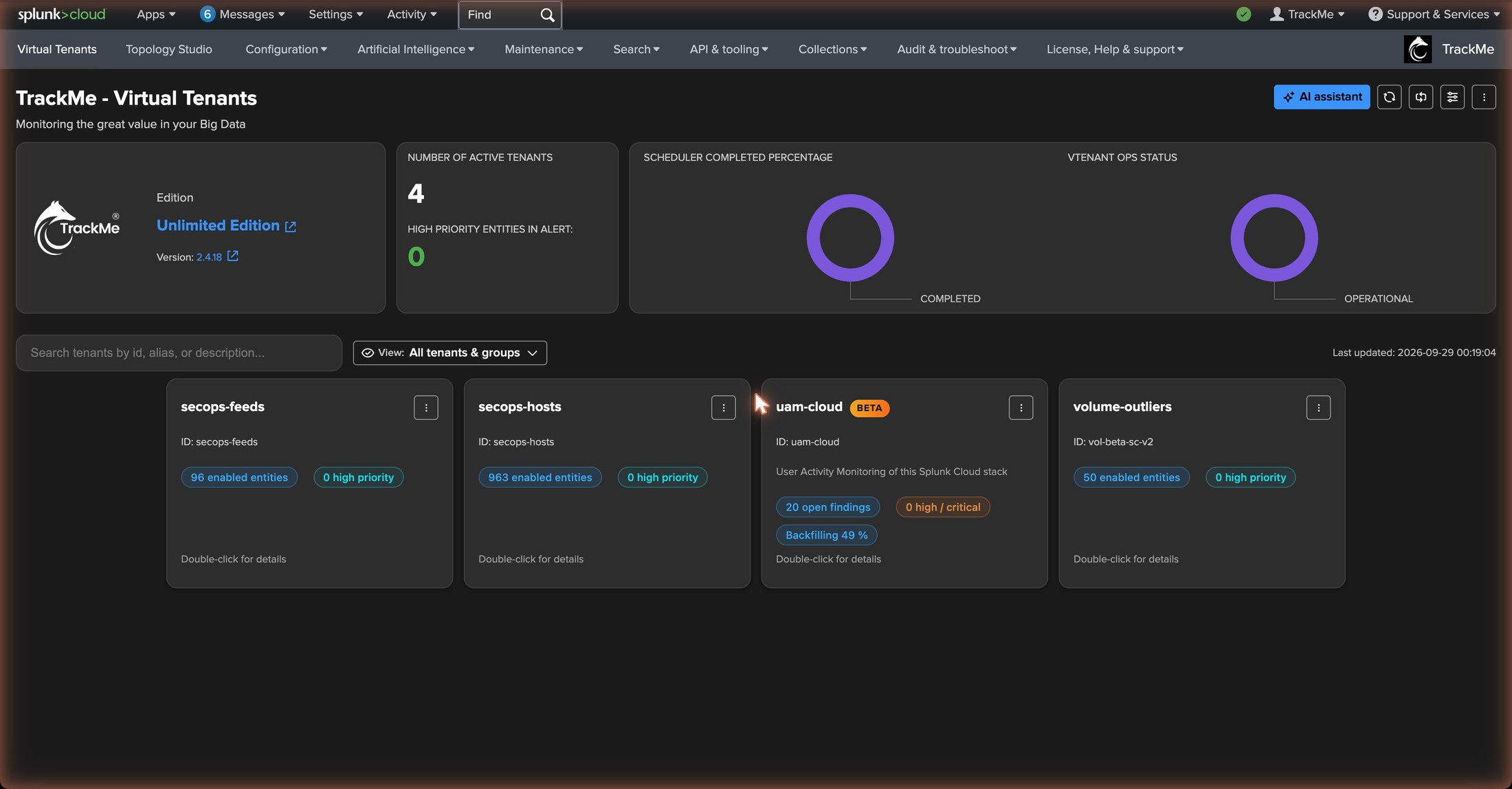 The Virtual Tenants page — the new UAM tenant card with its Beta badge, no findings yet, the local tier and the collection status