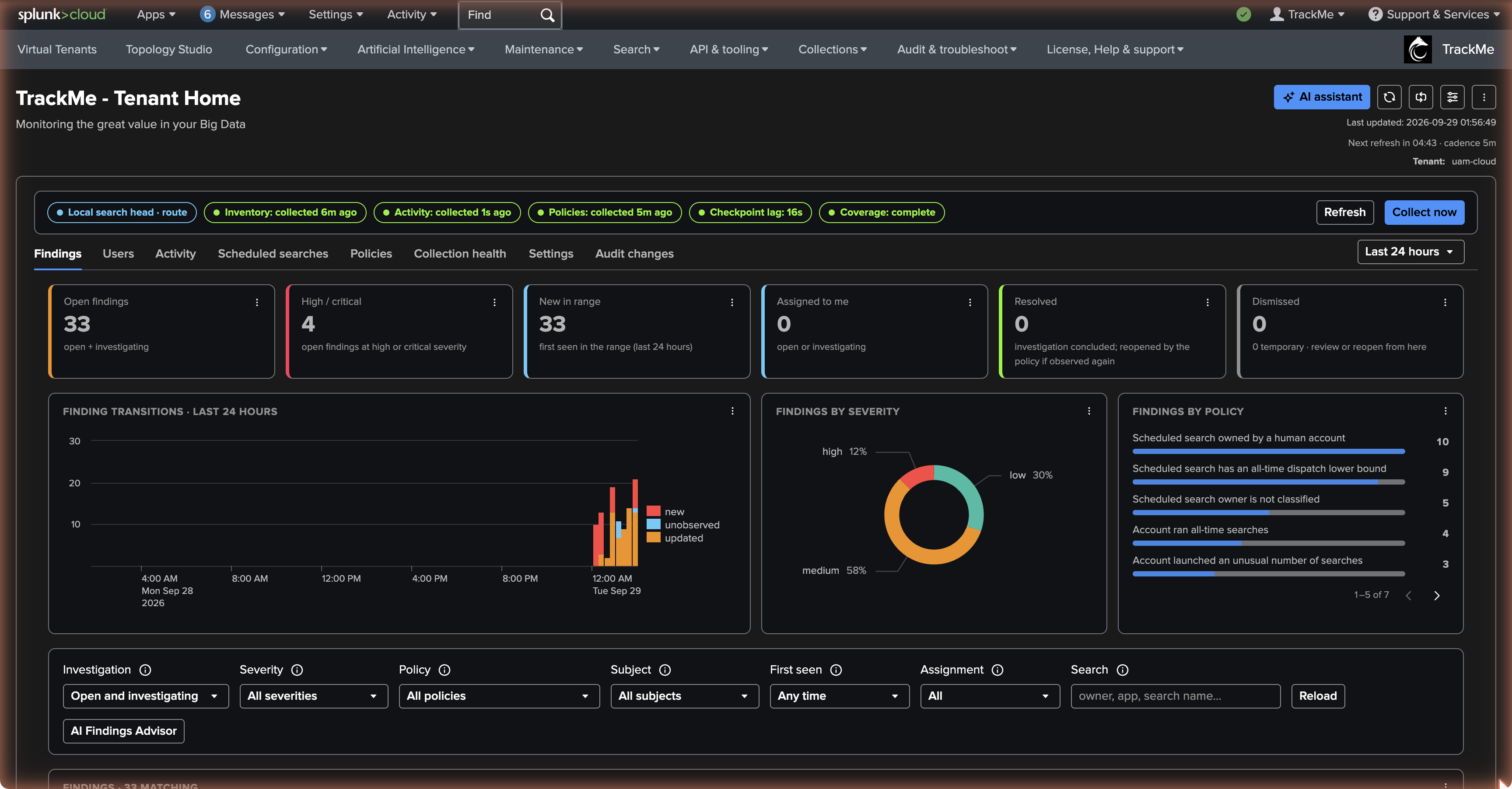 The Findings tab — the KPI tiles, the transitions timeline and the findings table with the first inventory findings