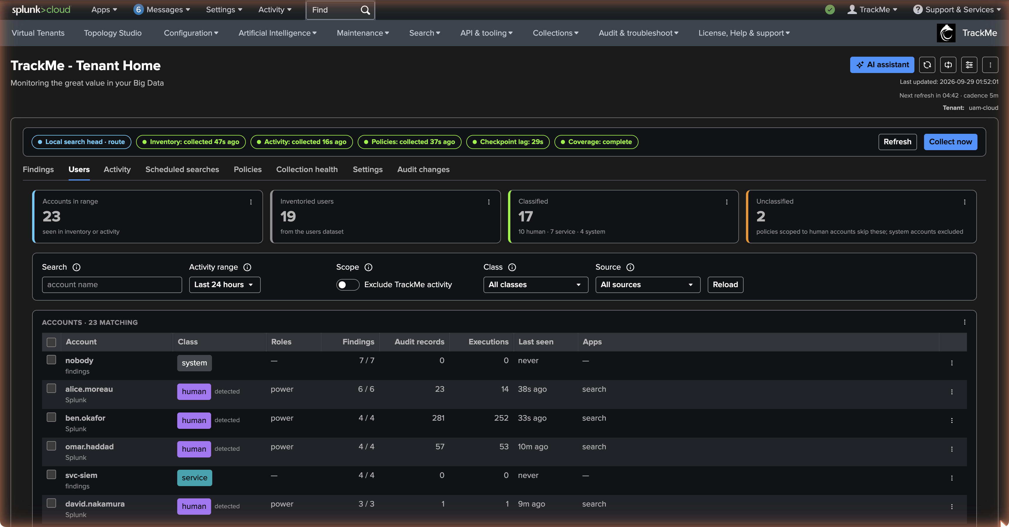 The Users tab — the accounts with their class chip and detected marker, roles, findings, audit records, executions, last seen and apps